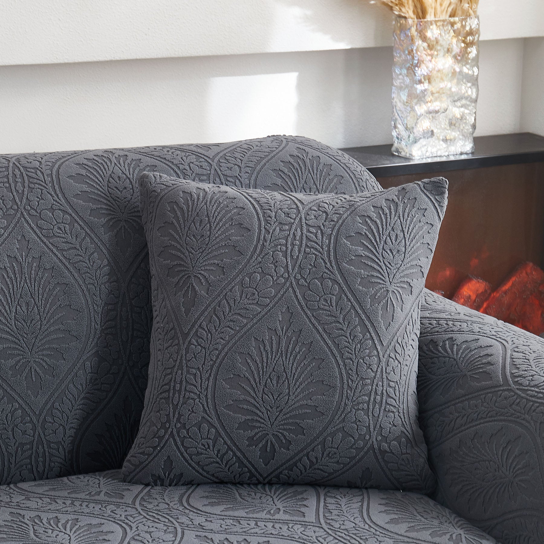 3D Baroque Floral Stretch Sofa Cover Elastic Polar Fleece Couch Slipcover with Straps