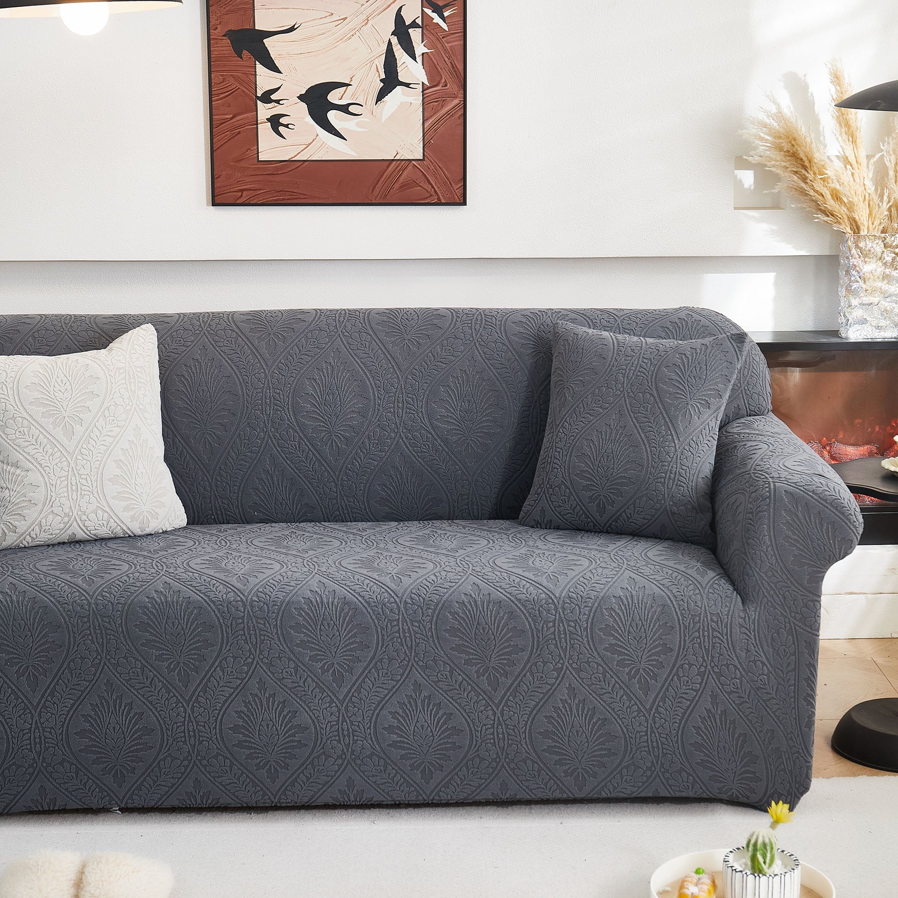 3D Baroque Floral Stretch Sofa Cover Elastic Polar Fleece Couch Slipcover with Straps