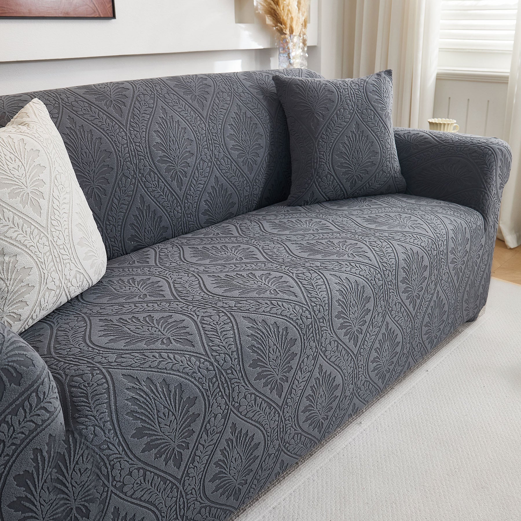 3D Baroque Floral Stretch Sofa Cover Elastic Polar Fleece Couch Slipcover with Straps