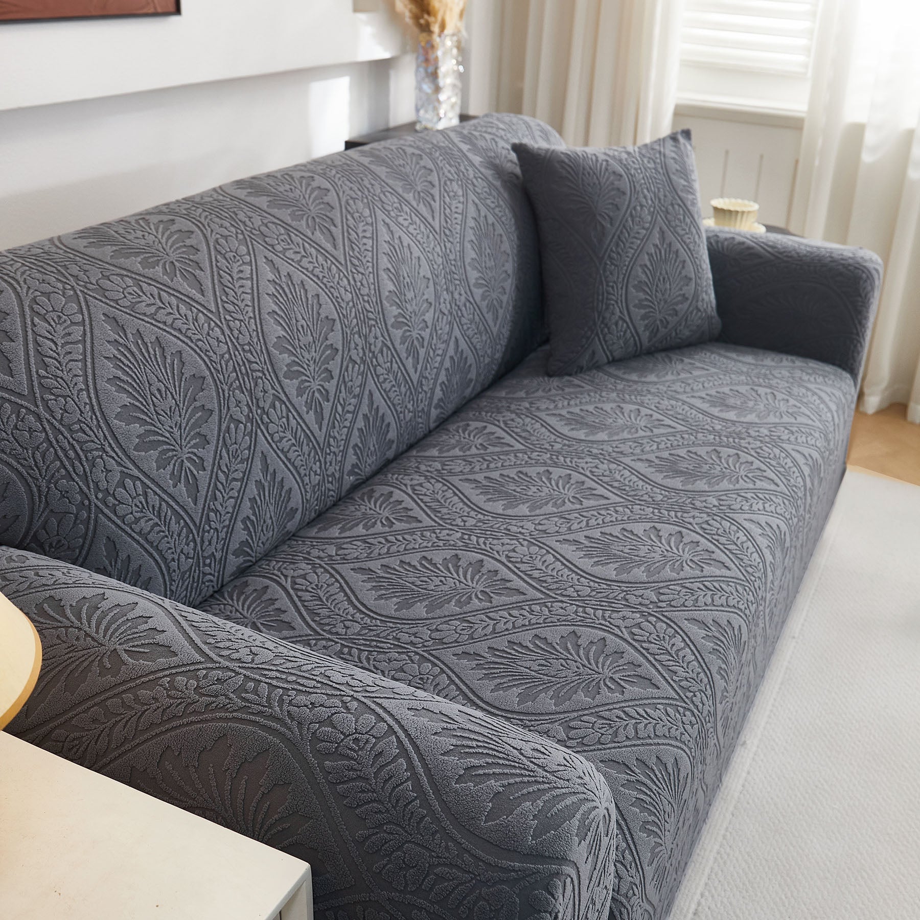 3D Baroque Floral Stretch Sofa Cover Elastic Polar Fleece Couch Slipcover with Straps