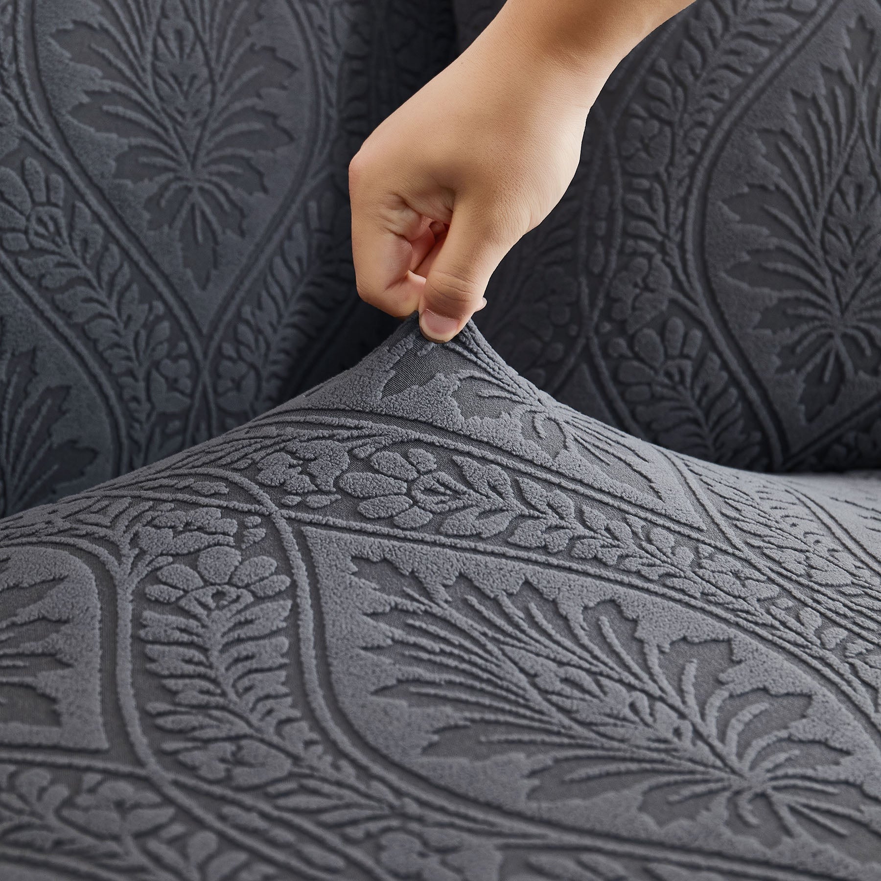 3D Baroque Floral Stretch Sofa Cover Elastic Polar Fleece Couch Slipcover with Straps