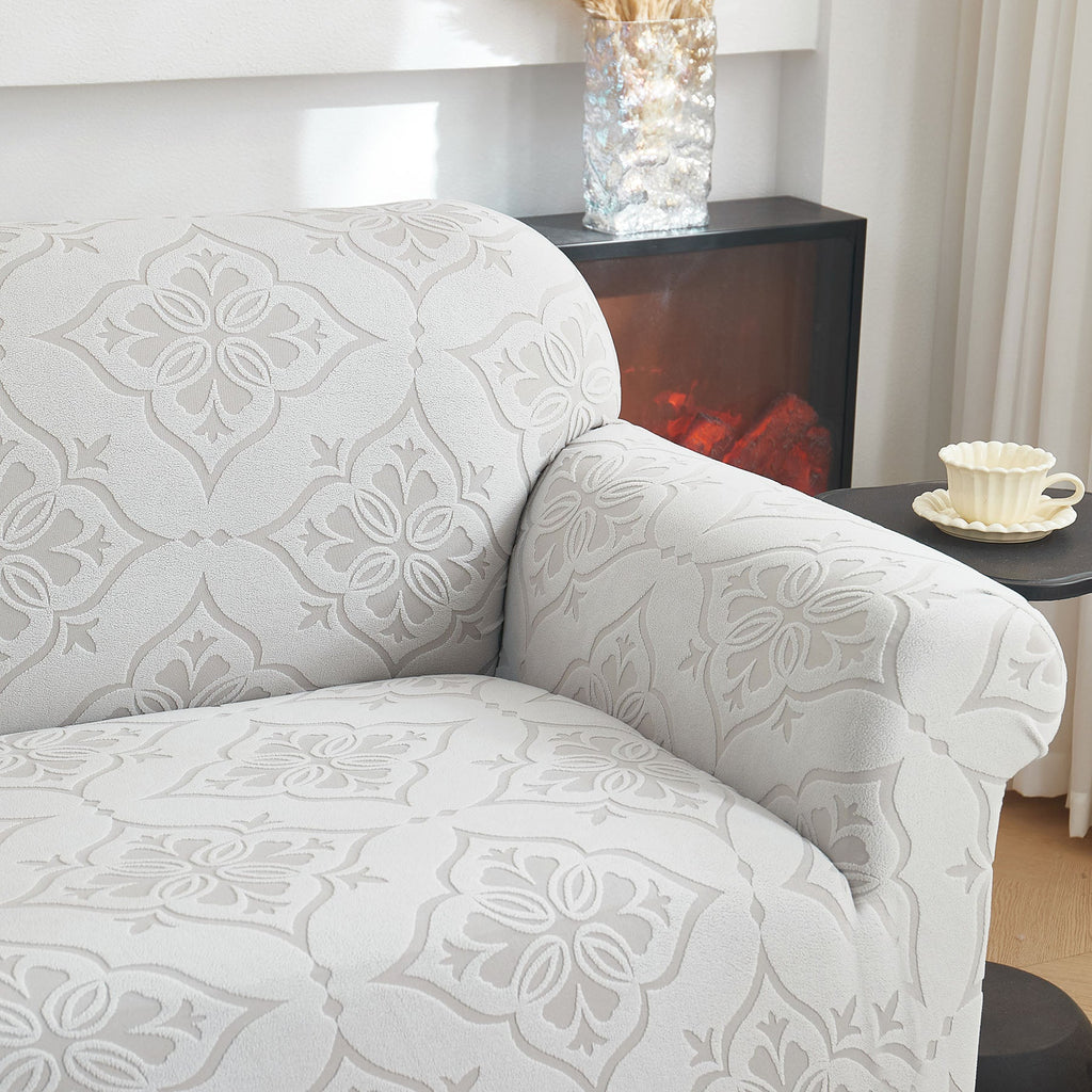 3D Damask Jacquard Stretch Sofa Cover Thick Polar Fleece Couch Slipcover with Straps