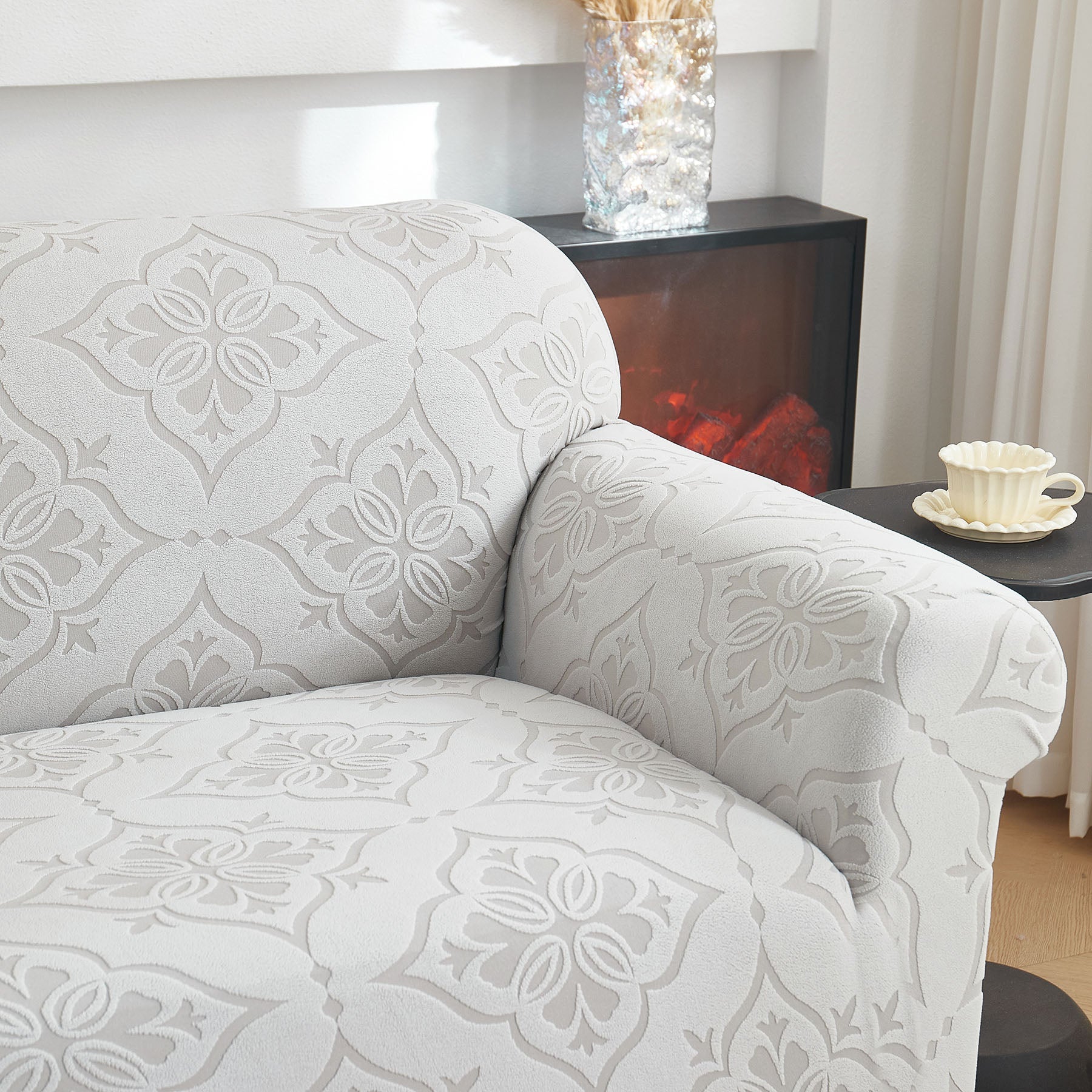 3D Damask Jacquard Stretch Sofa Cover Thick Polar Fleece Couch Slipcover with Straps