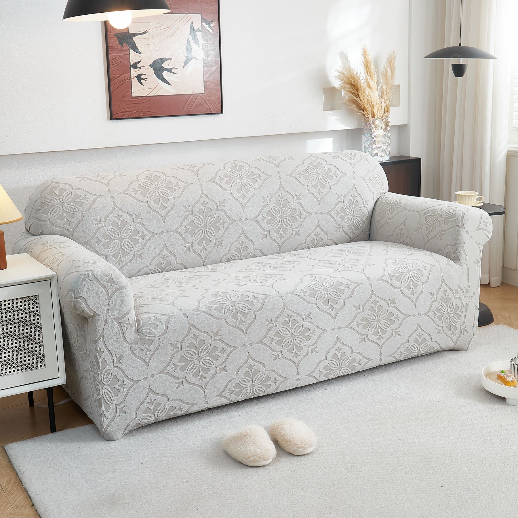 3D Damask Jacquard Stretch Sofa Cover Thick Polar Fleece Couch Slipcover with Straps