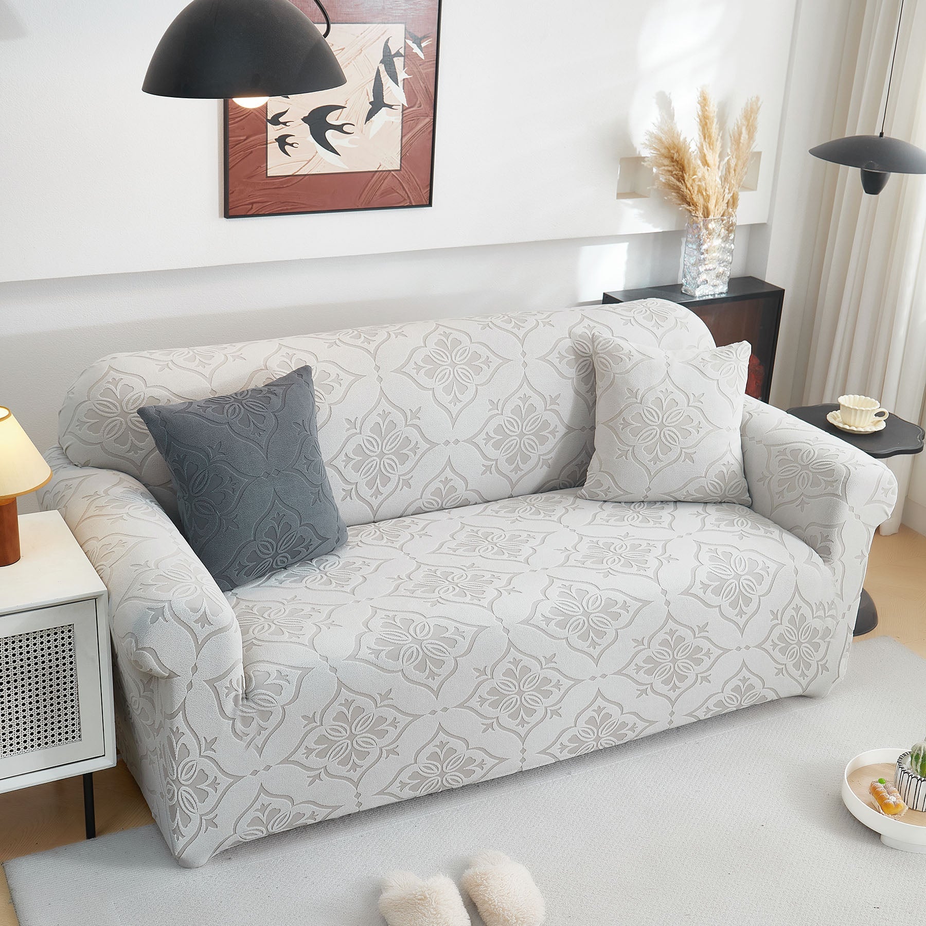 3D Damask Jacquard Stretch Sofa Cover Thick Polar Fleece Couch Slipcover with Straps