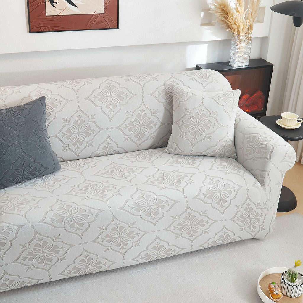 3D Damask Jacquard Stretch Sofa Cover Thick Polar Fleece Couch Slipcover with Straps