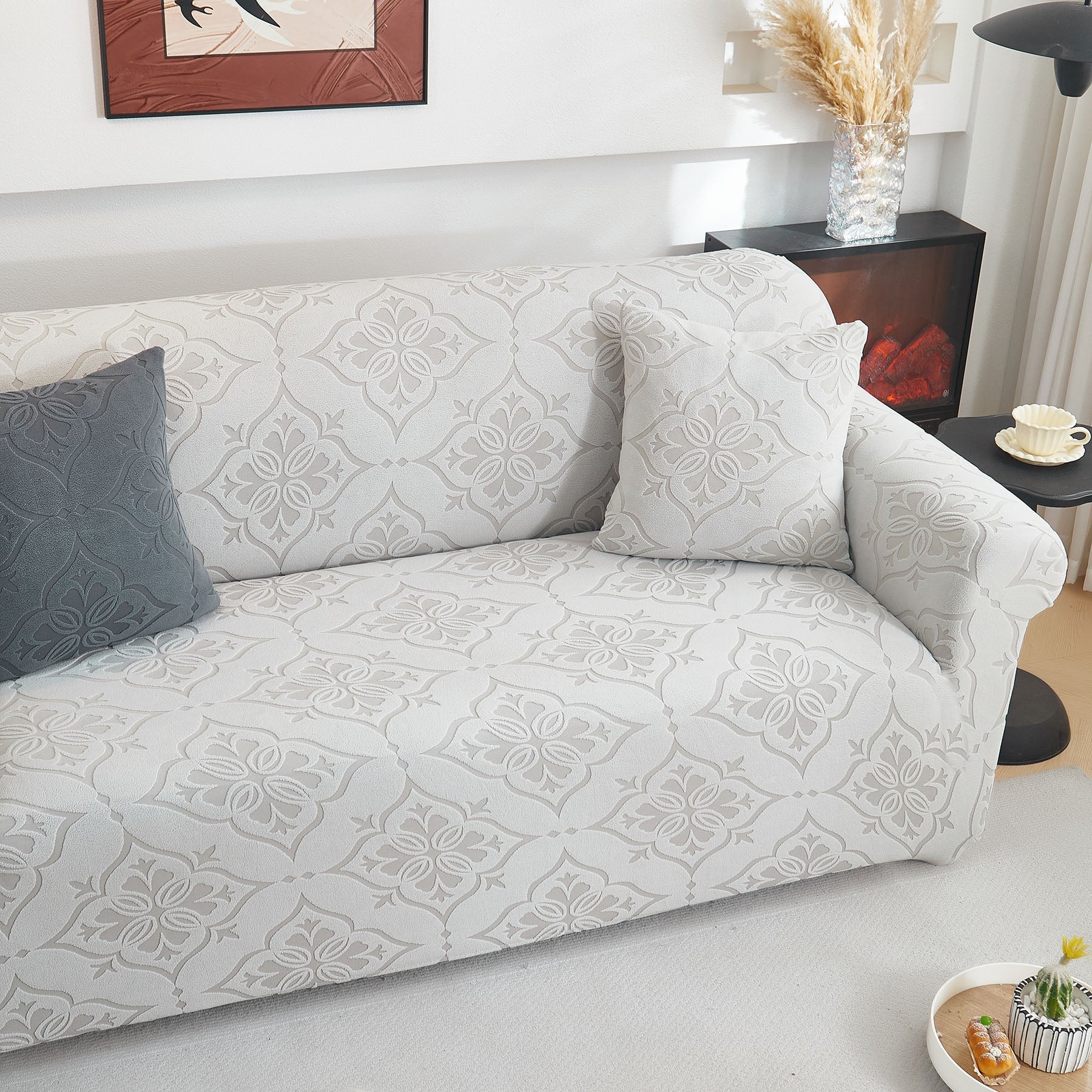 3D Damask Jacquard Stretch Sofa Cover Thick Polar Fleece Couch Slipcover with Straps