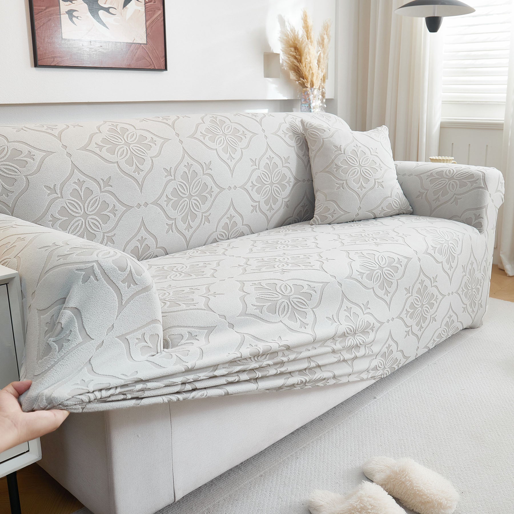 3D Damask Jacquard Stretch Sofa Cover Thick Polar Fleece Couch Slipcover with Straps
