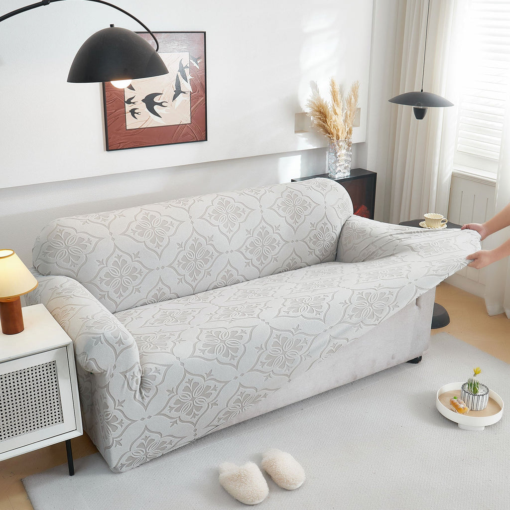 3D Damask Jacquard Stretch Sofa Cover Thick Polar Fleece Couch Slipcover with Straps