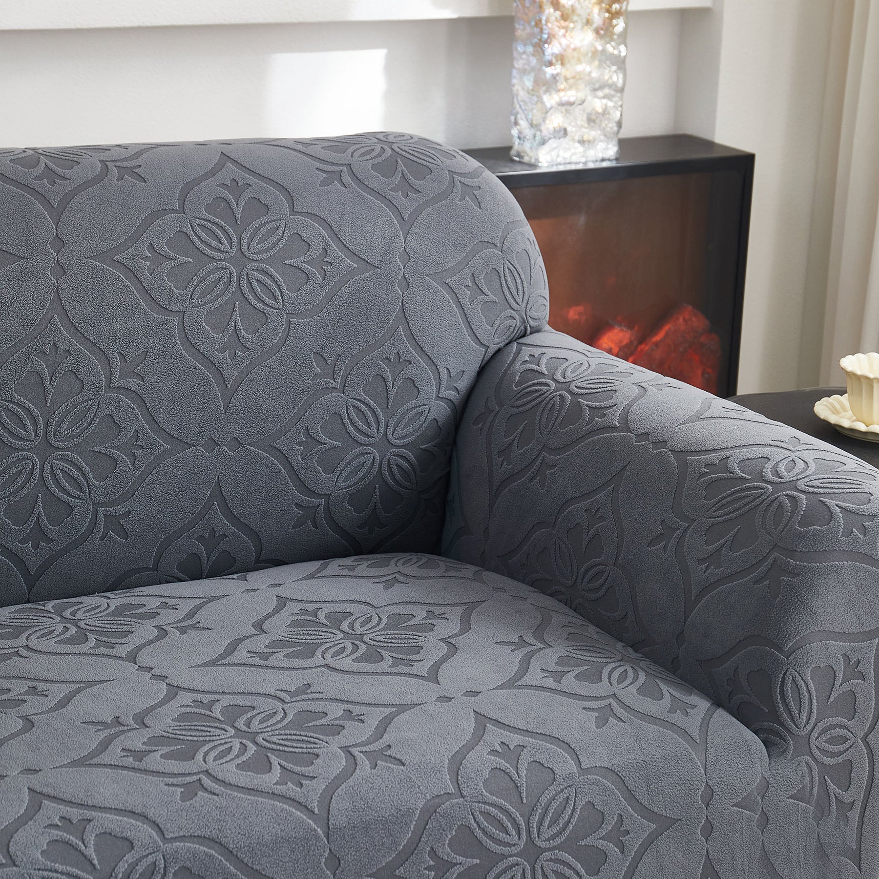 3D Damask Jacquard Stretch Sofa Cover Thick Polar Fleece Couch Slipcover with Straps