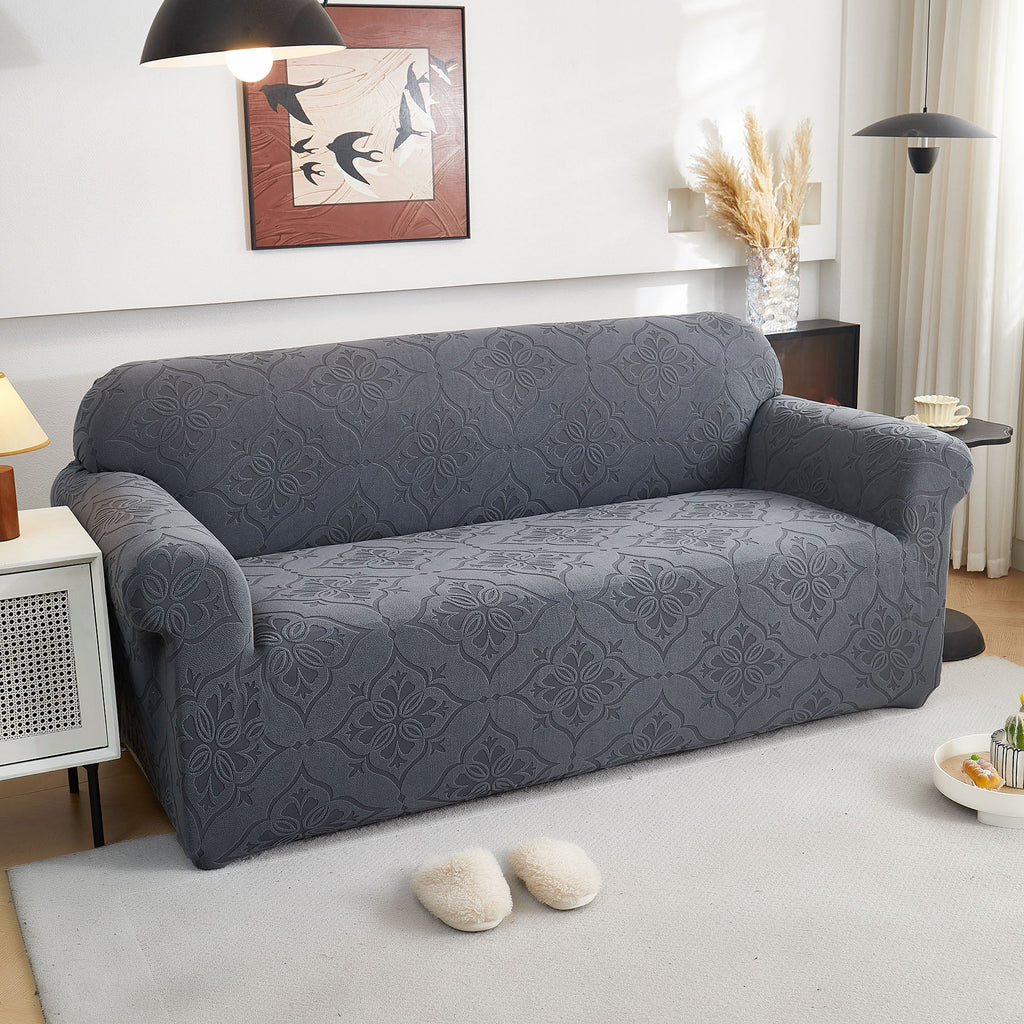 3D Damask Jacquard Stretch Sofa Cover Thick Polar Fleece Couch Slipcover with Straps