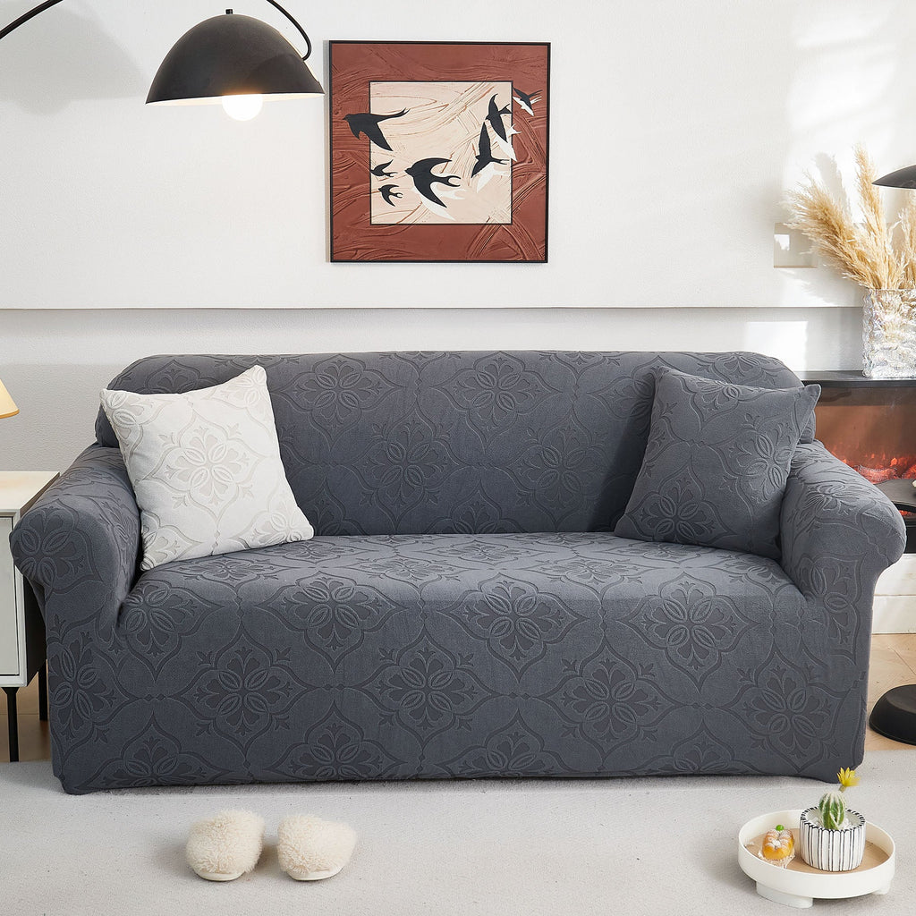 3D Damask Jacquard Stretch Sofa Cover Thick Polar Fleece Couch Slipcover with Straps