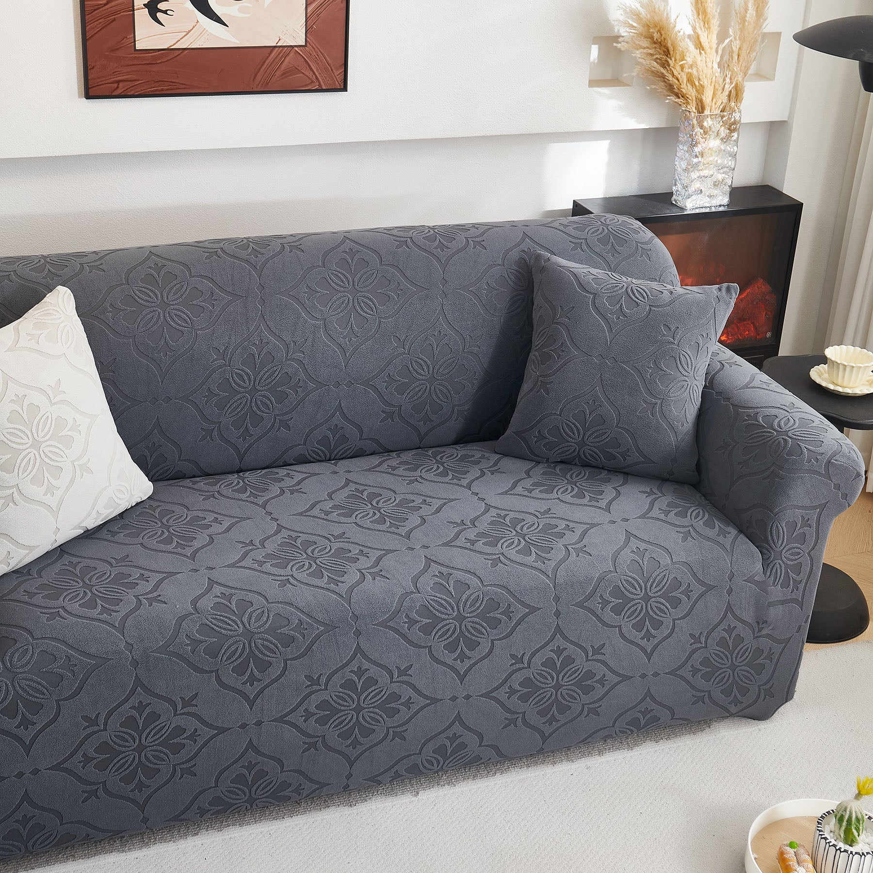 3D Damask Jacquard Stretch Sofa Cover Thick Polar Fleece Couch Slipcover with Straps