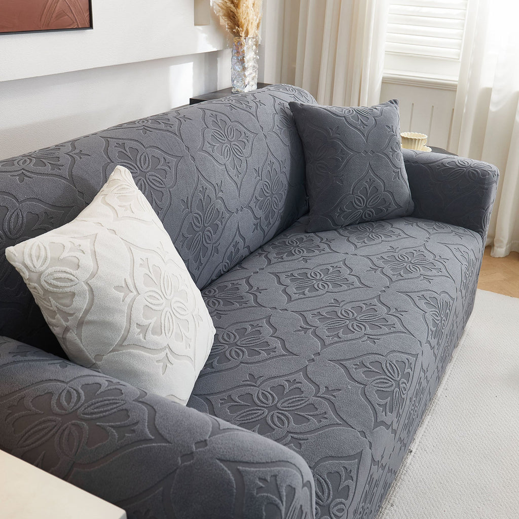 3D Damask Jacquard Stretch Sofa Cover Thick Polar Fleece Couch Slipcover with Straps