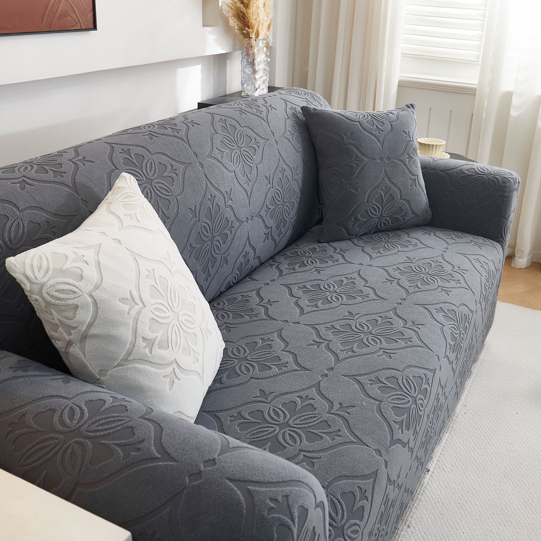 3D Damask Jacquard Stretch Sofa Cover Thick Polar Fleece Couch Slipcover with Straps