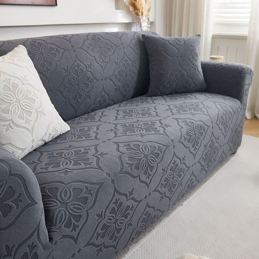 3D Damask Jacquard Stretch Sofa Cover Thick Polar Fleece Couch Slipcover with Straps
