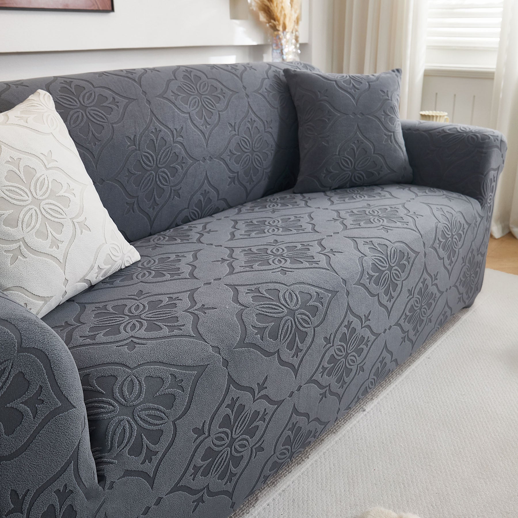 3D Damask Jacquard Stretch Sofa Cover Thick Polar Fleece Couch Slipcover with Straps