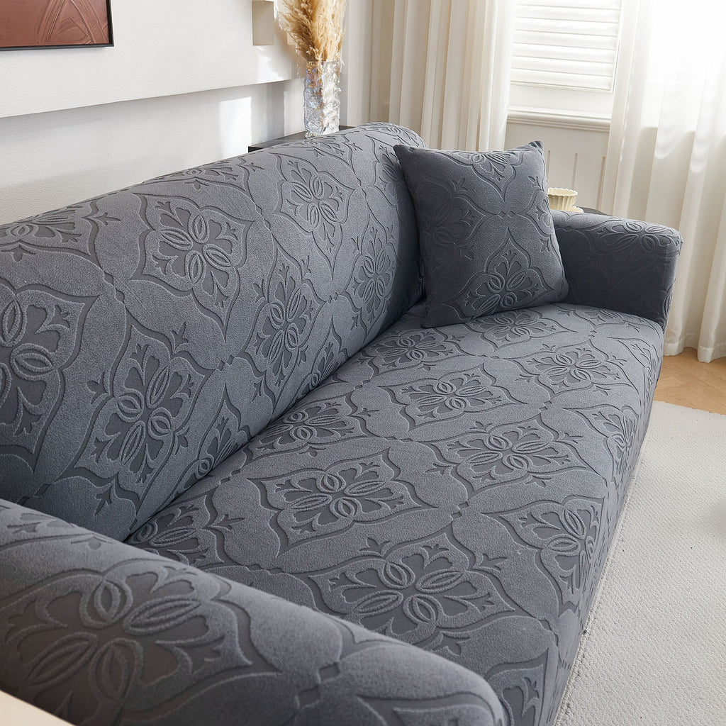 3D Damask Jacquard Stretch Sofa Cover Thick Polar Fleece Couch Slipcover with Straps