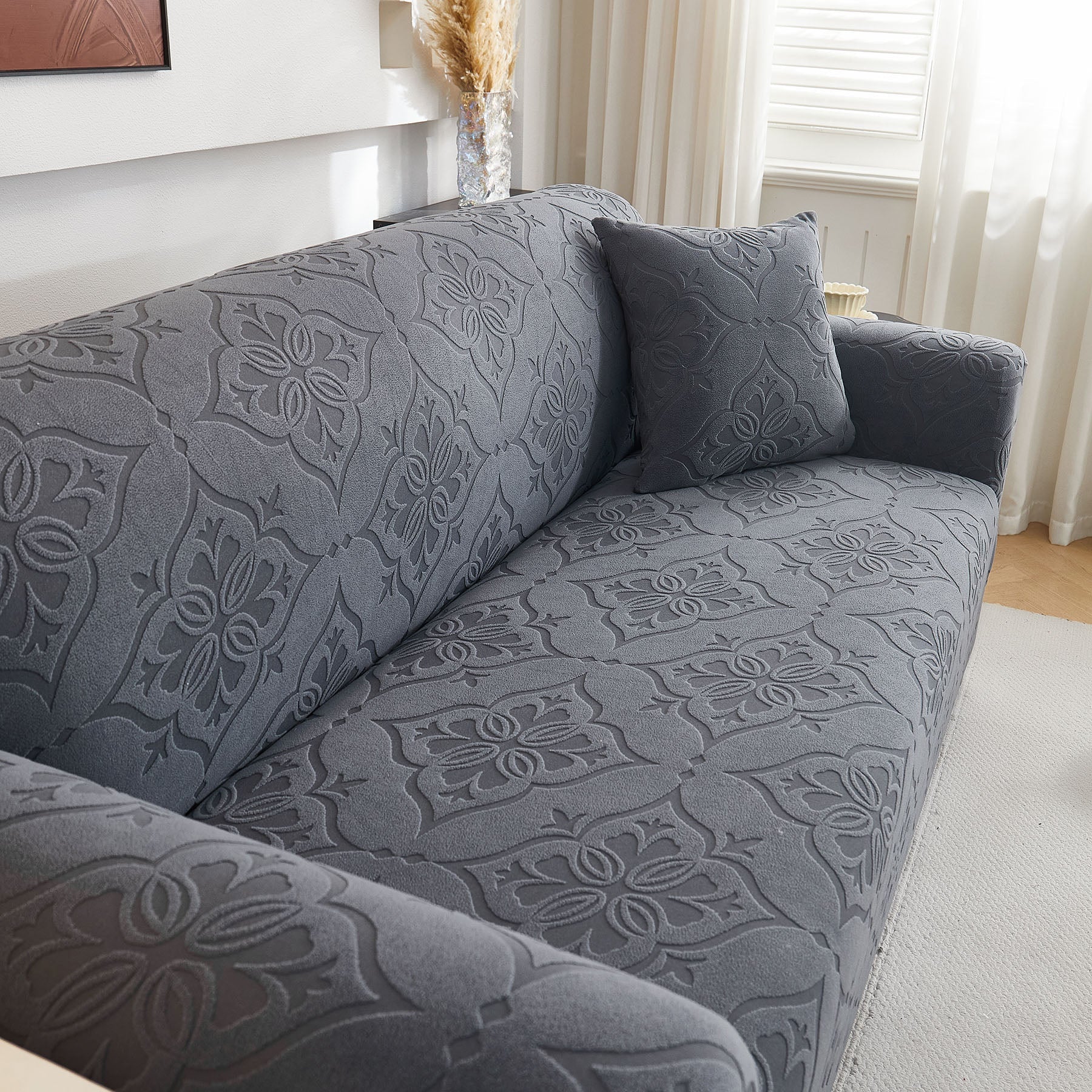 3D Damask Jacquard Stretch Sofa Cover Thick Polar Fleece Couch Slipcover with Straps