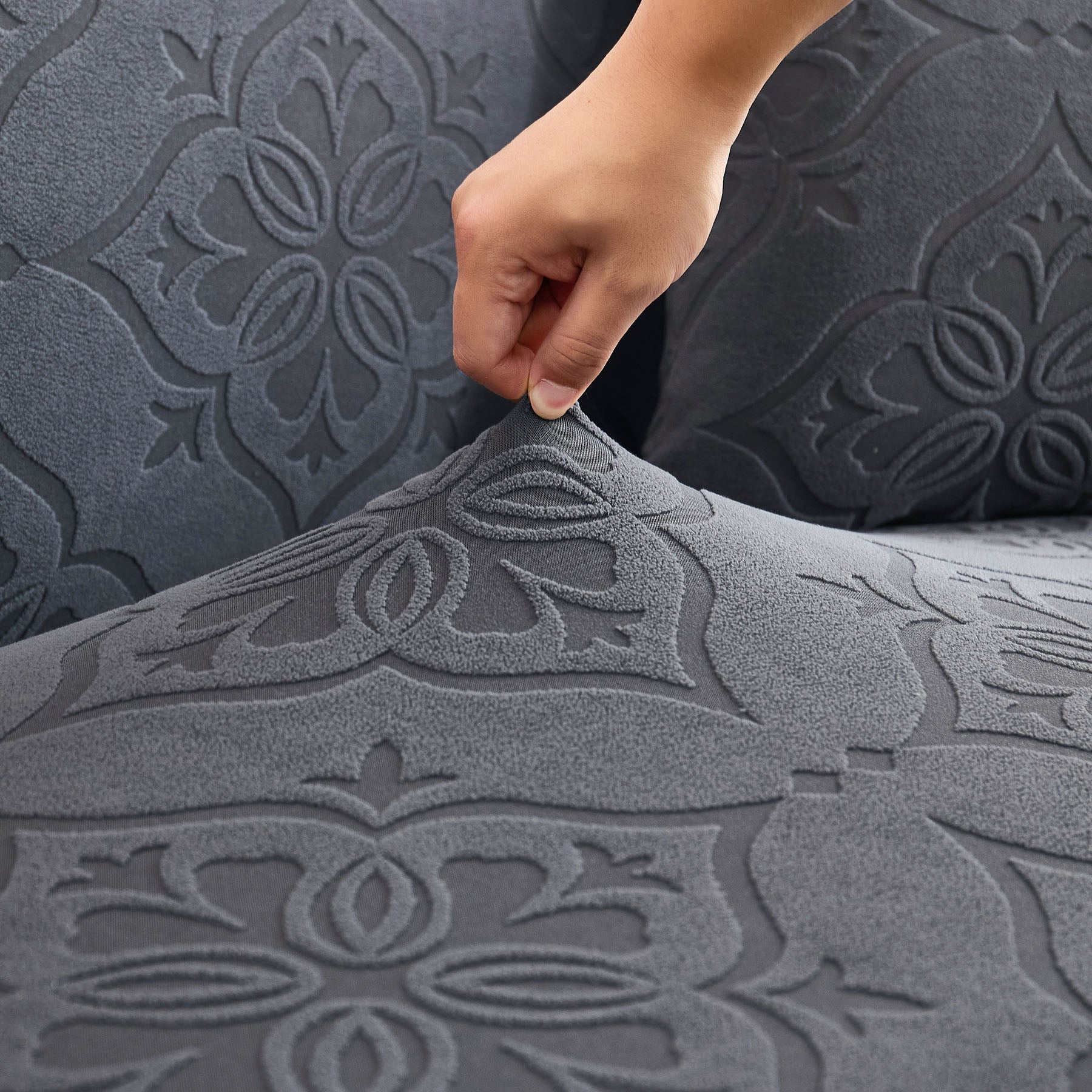 3D Damask Jacquard Stretch Sofa Cover Thick Polar Fleece Couch Slipcover with Straps