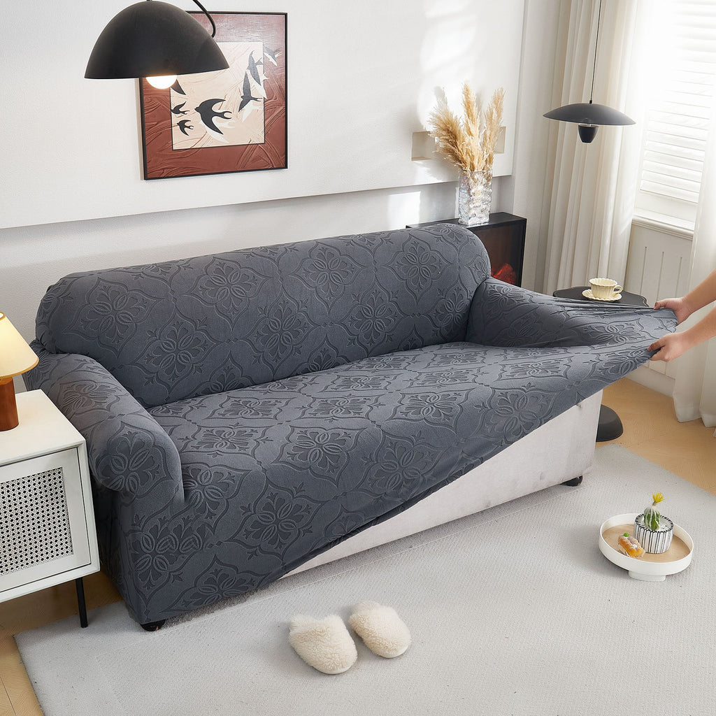 3D Damask Jacquard Stretch Sofa Cover Thick Polar Fleece Couch Slipcover with Straps