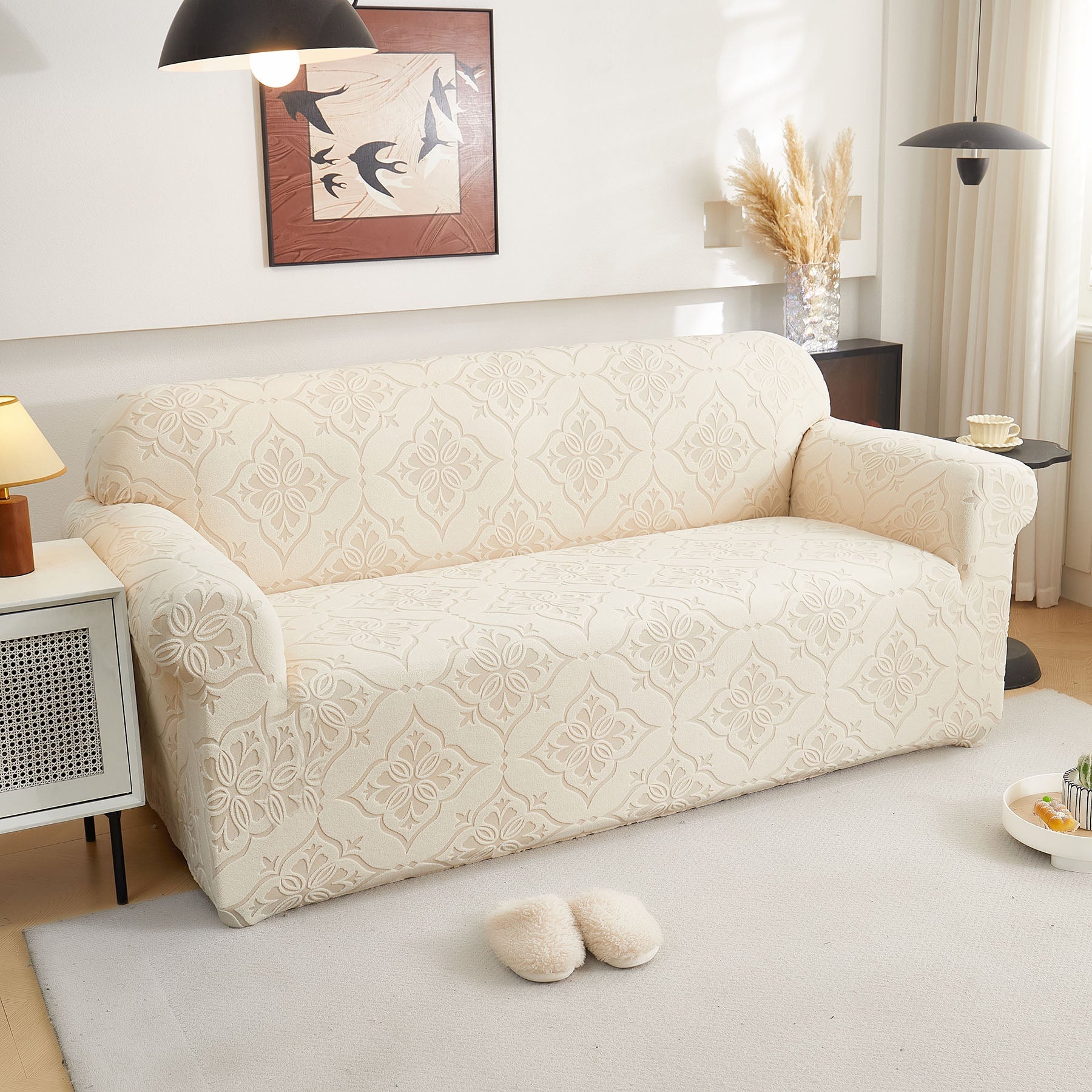 3D Damask Jacquard Stretch Sofa Cover Thick Polar Fleece Couch Slipcover with Straps