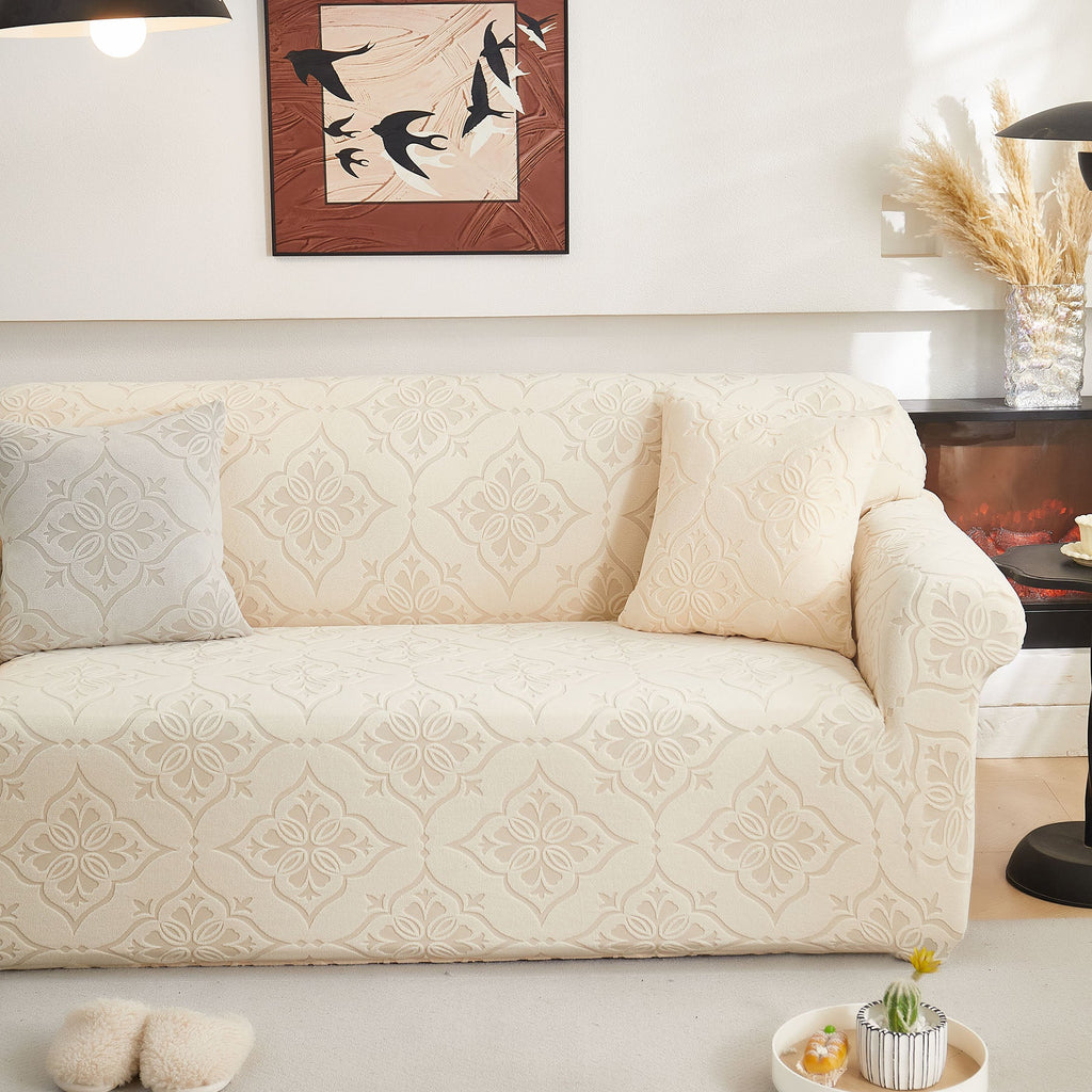 3D Damask Jacquard Stretch Sofa Cover Thick Polar Fleece Couch Slipcover with Straps