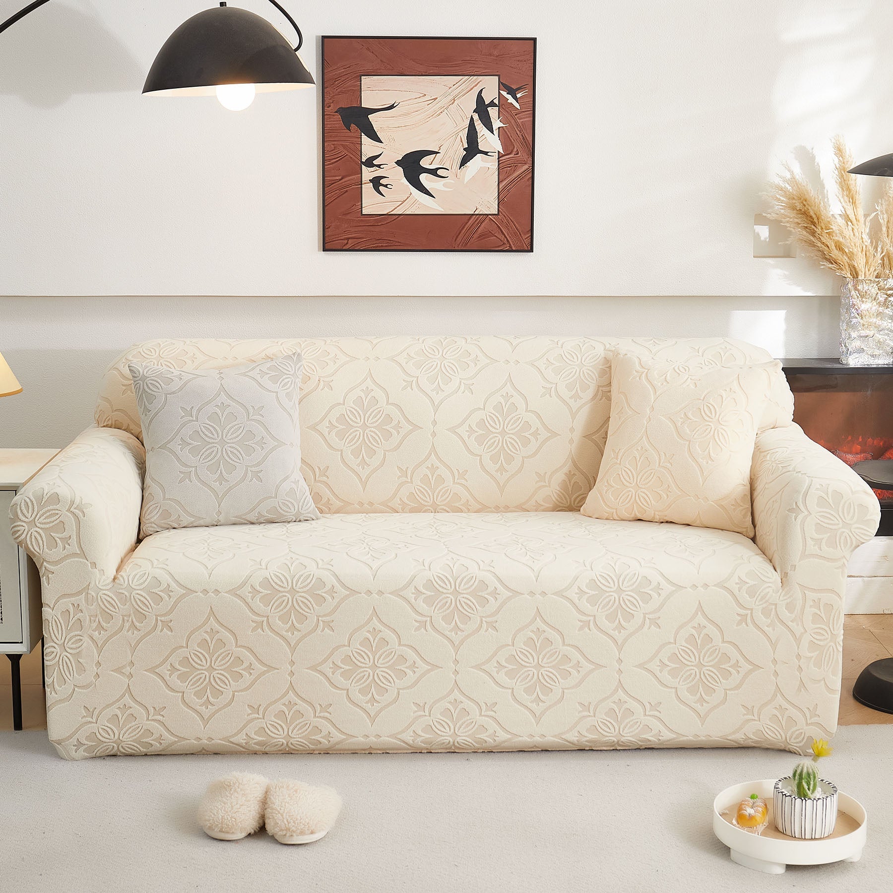 3D Damask Jacquard Stretch Sofa Cover Thick Polar Fleece Couch Slipcover with Straps