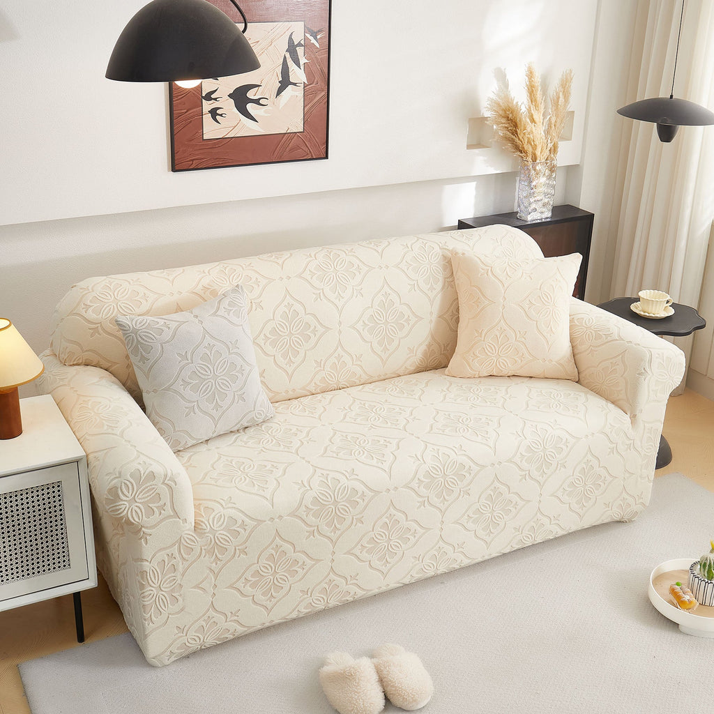 3D Damask Jacquard Stretch Sofa Cover Thick Polar Fleece Couch Slipcover with Straps