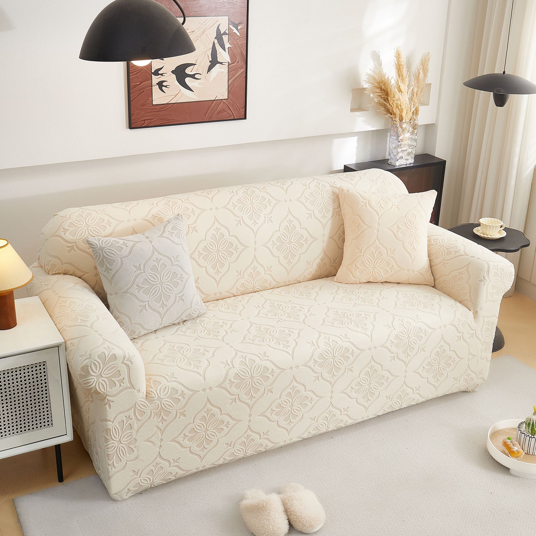 3D Damask Jacquard Stretch Sofa Cover Thick Polar Fleece Couch Slipcover with Straps
