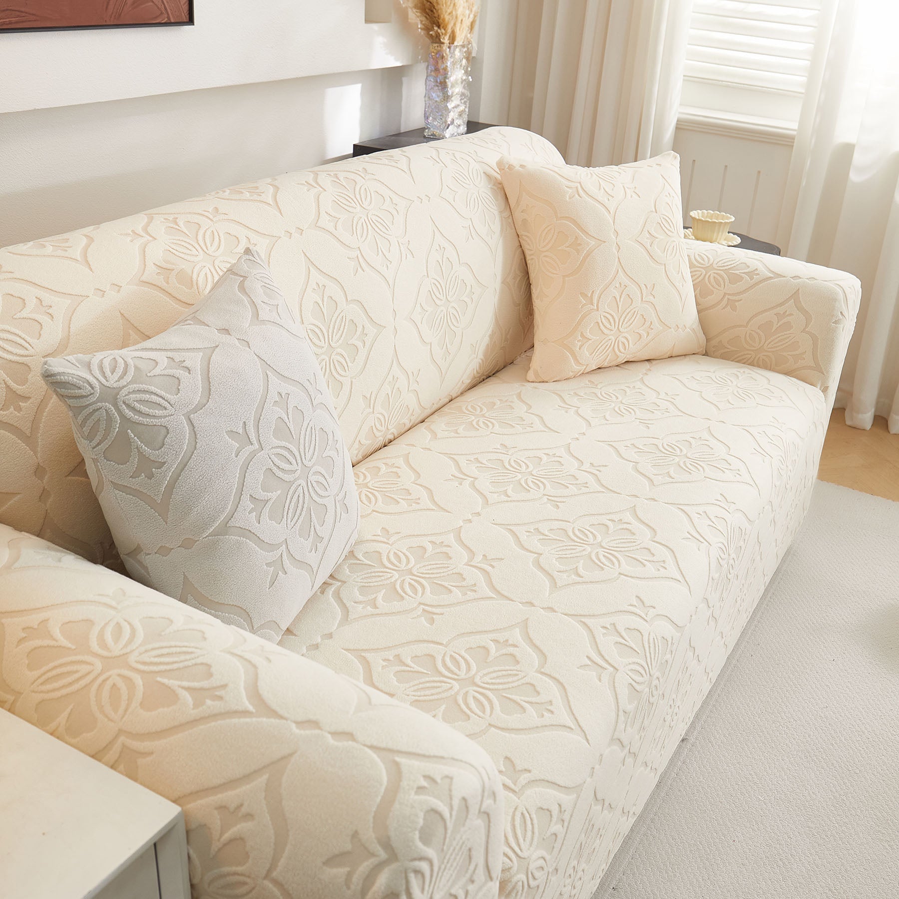 3D Damask Jacquard Stretch Sofa Cover Thick Polar Fleece Couch Slipcover with Straps