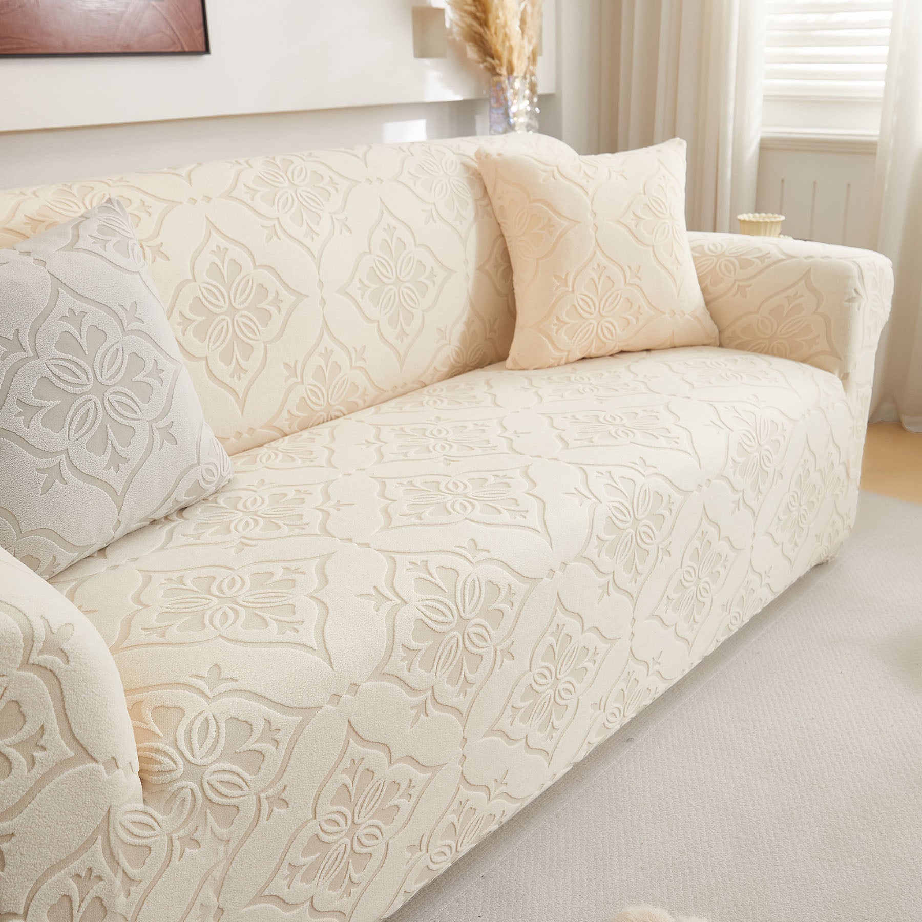 3D Damask Jacquard Stretch Sofa Cover Thick Polar Fleece Couch Slipcover with Straps