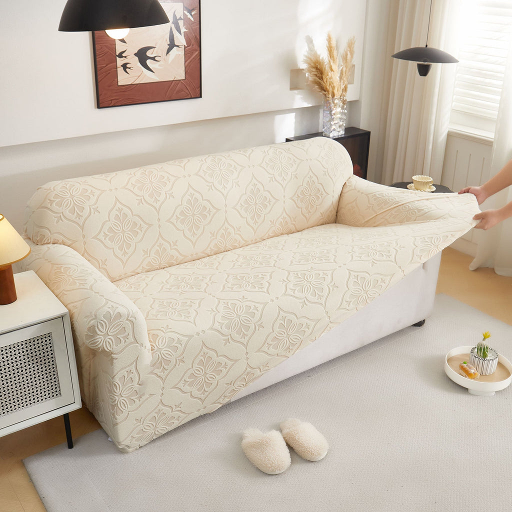 3D Damask Jacquard Stretch Sofa Cover Thick Polar Fleece Couch Slipcover with Straps