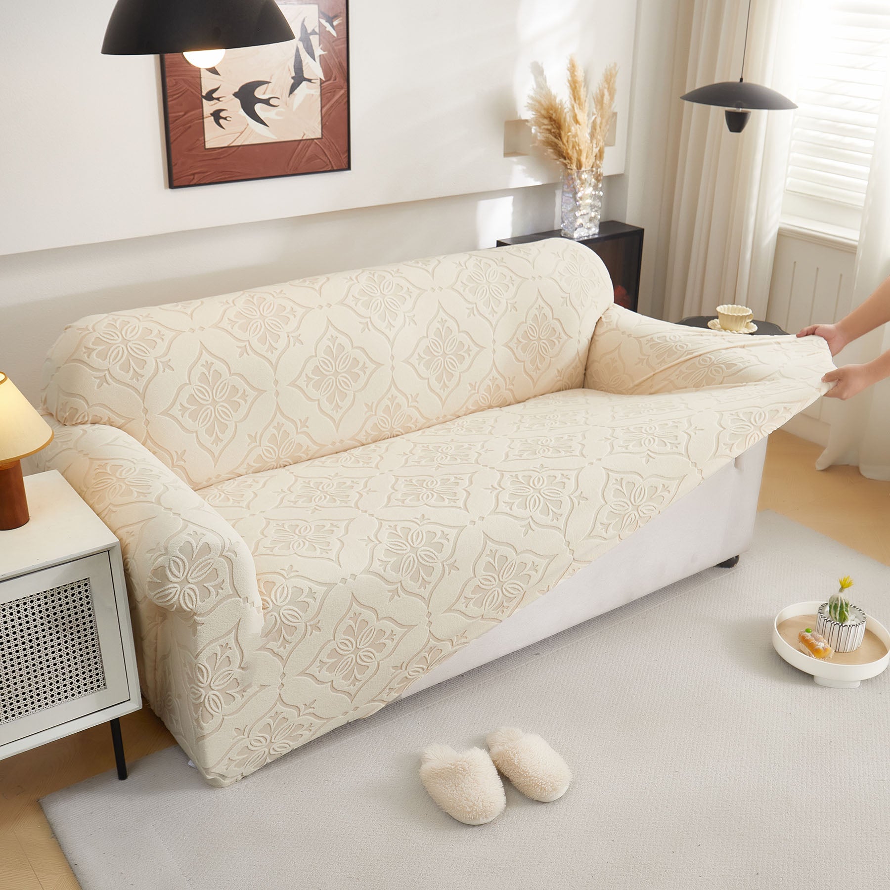 3D Damask Jacquard Stretch Sofa Cover Thick Polar Fleece Couch Slipcover with Straps