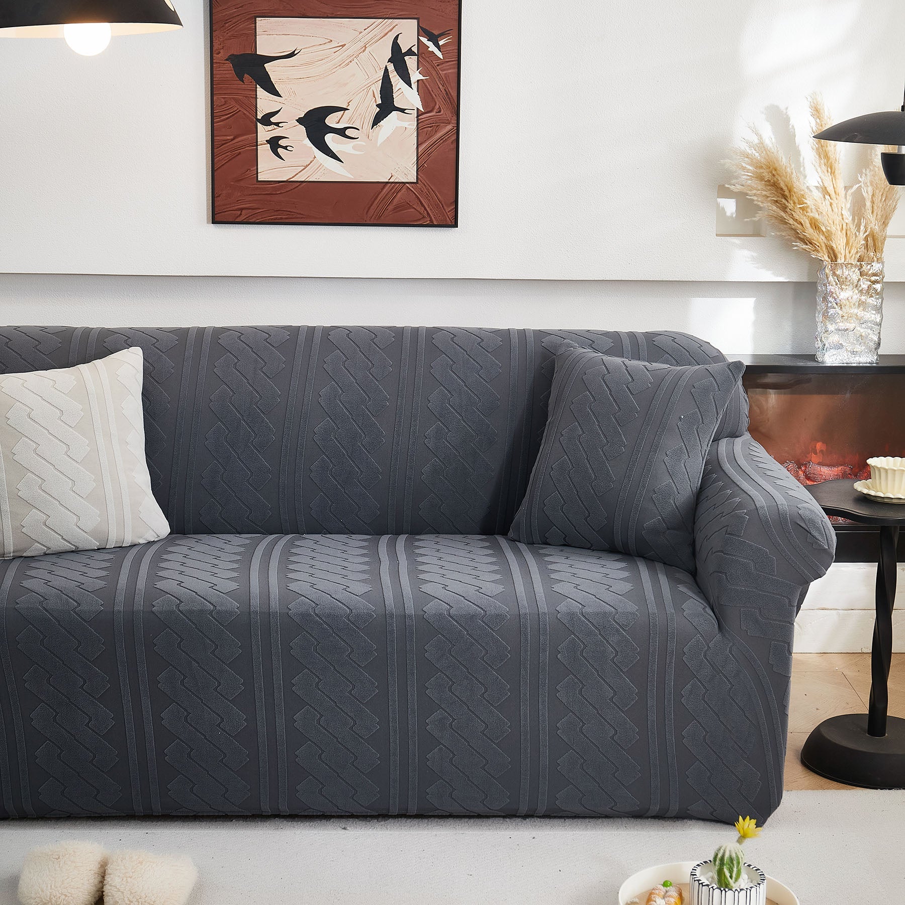 3D Embossed Geometric Couch Slipcover, Stretch Washable Non Slip Furniture Protector
