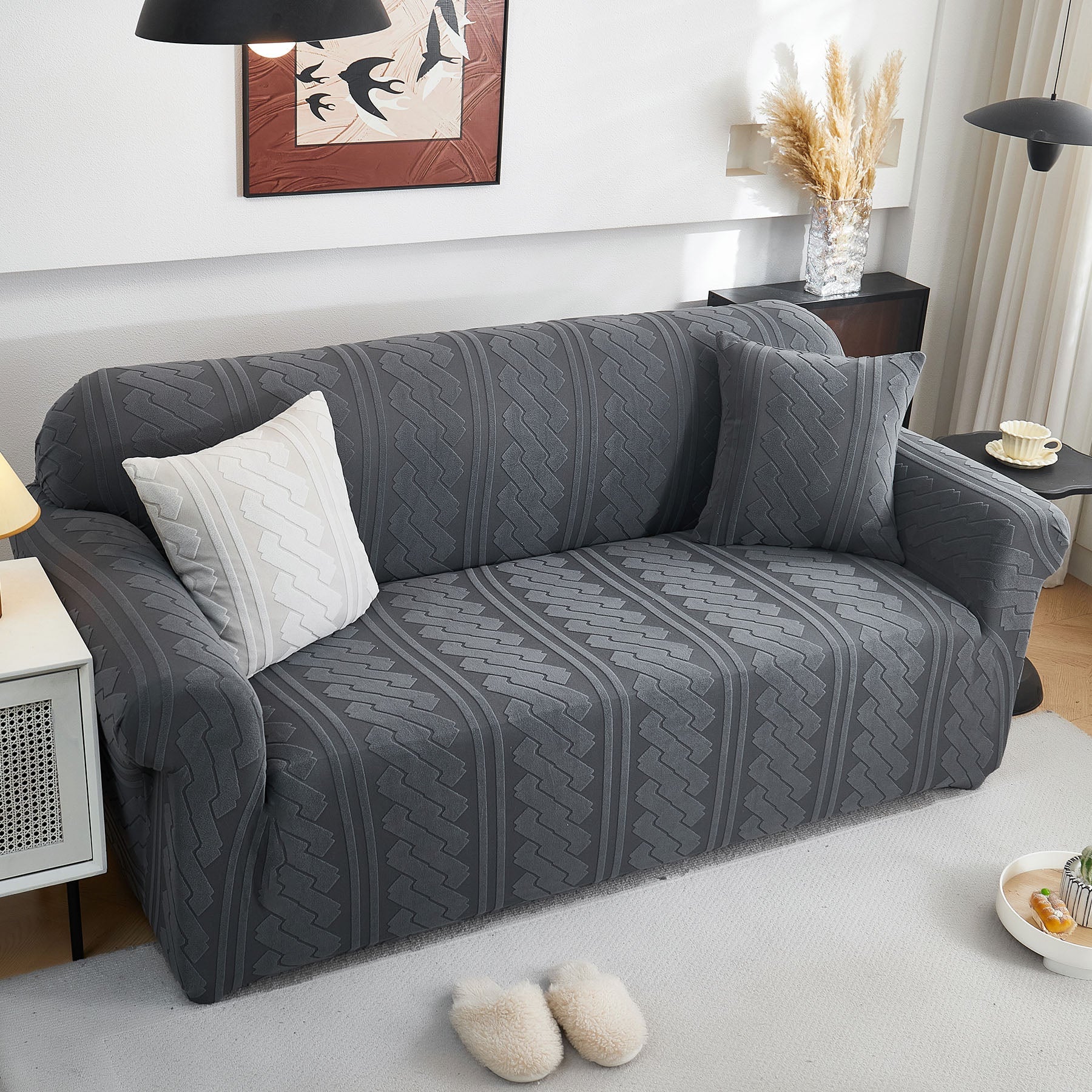 3D Embossed Geometric Couch Slipcover, Stretch Washable Non Slip Furniture Protector
