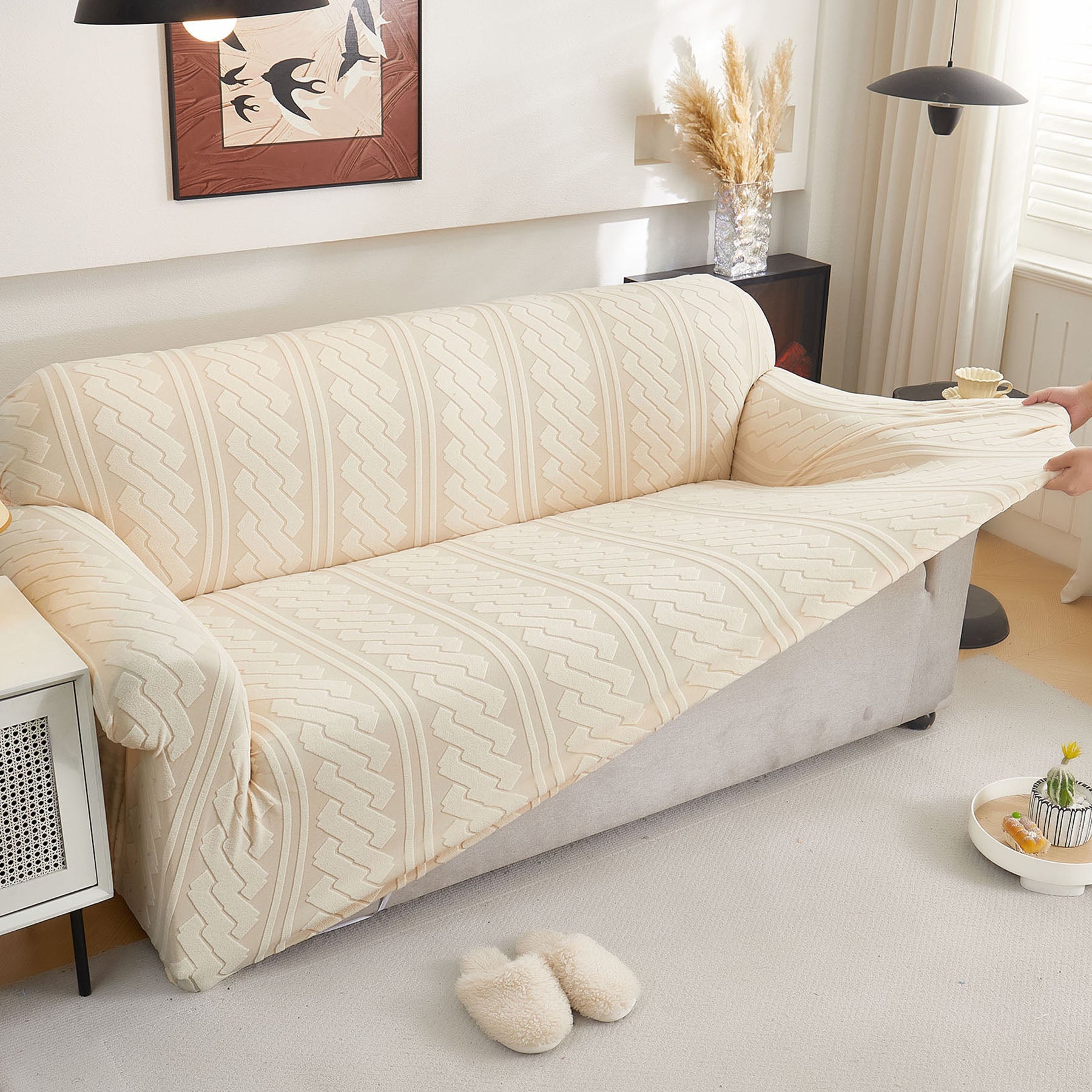 3D Embossed Geometric Couch Slipcover, Stretch Washable Non Slip Furniture Protector