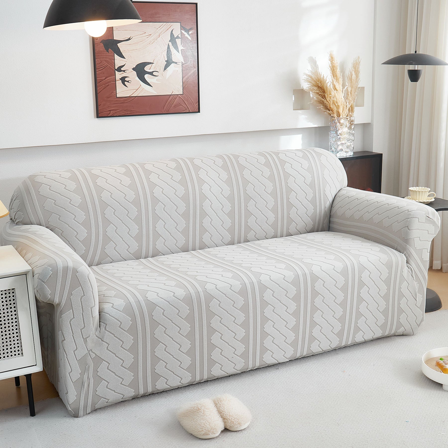 3D Embossed Geometric Couch Slipcover, Stretch Washable Non Slip Furniture Protector