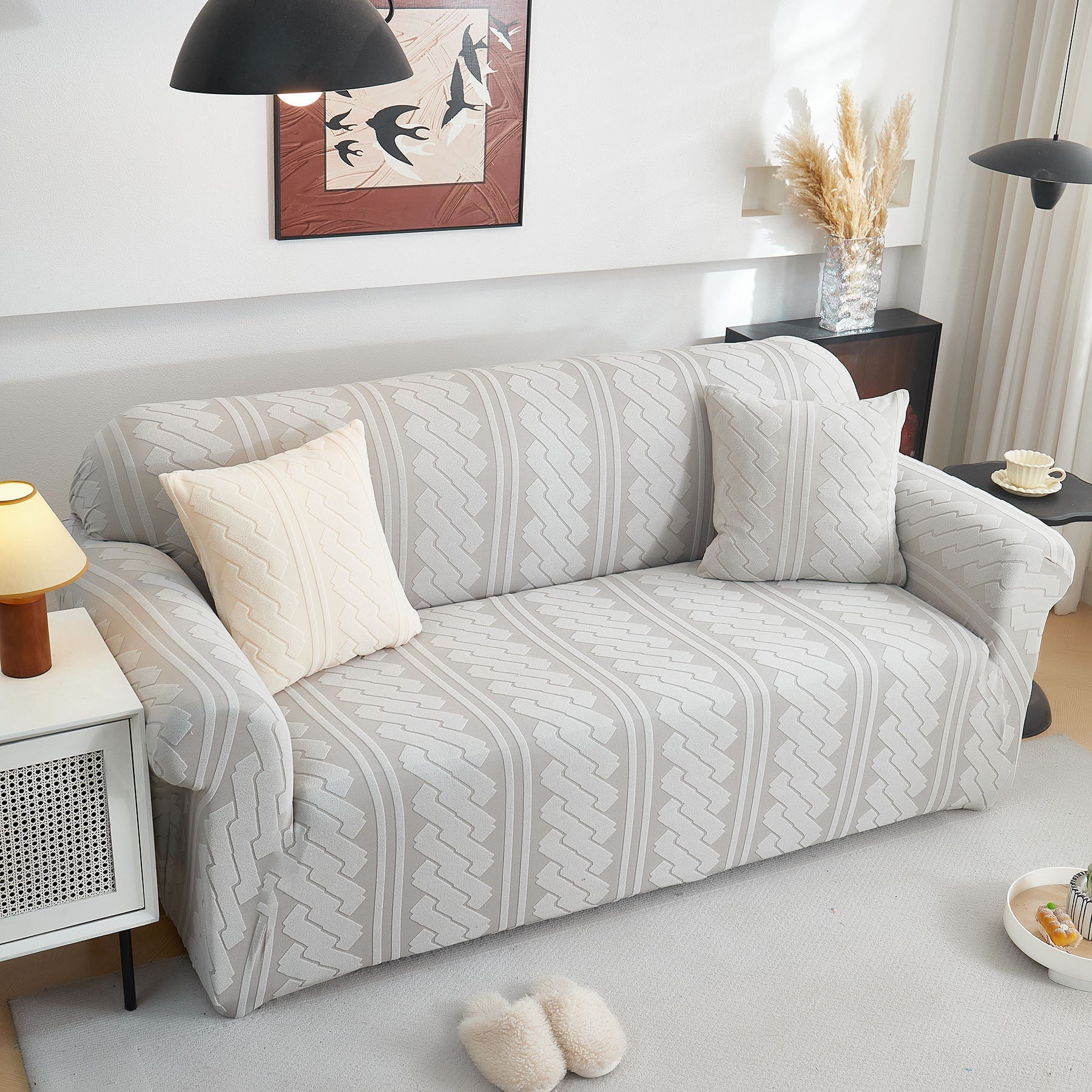 3D Embossed Geometric Couch Slipcover, Stretch Washable Non Slip Furniture Protector