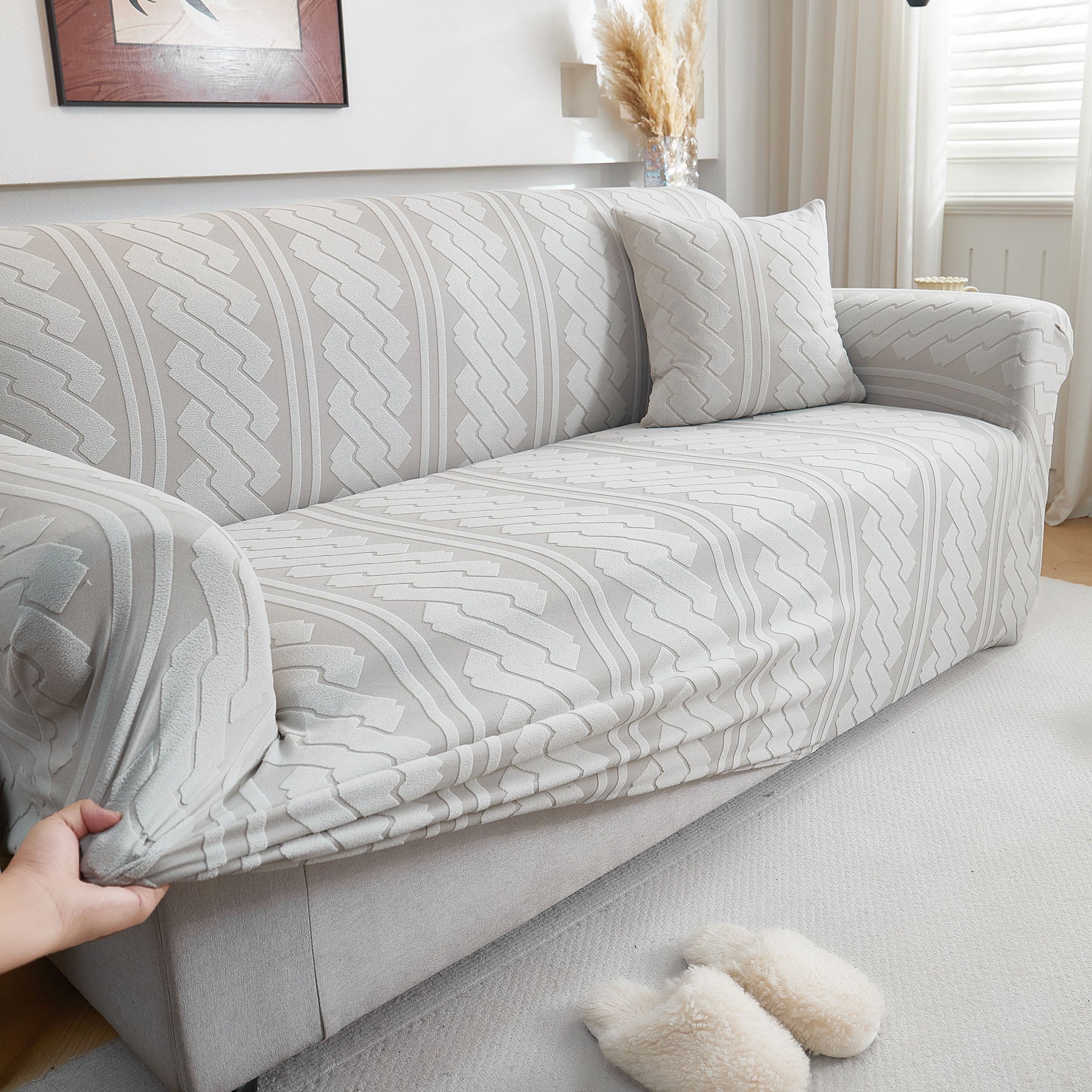 3D Embossed Geometric Couch Slipcover, Stretch Washable Non Slip Furniture Protector
