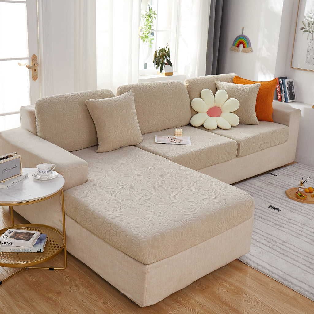 Sunflower Jacquard Fleece Stretchable Cushion Cover, Non-Slip Furniture Covers for Pets, L Shaped Couch Cushion Covers