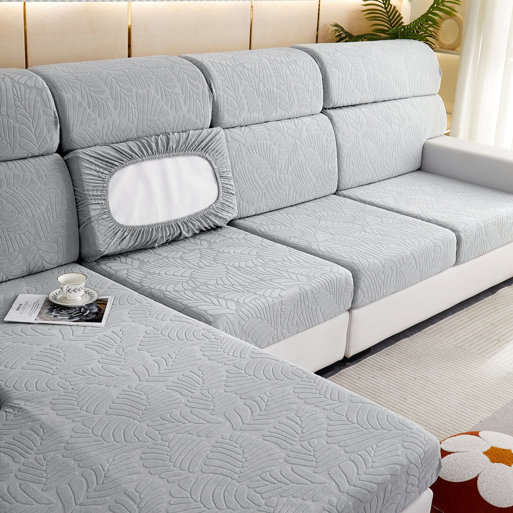 Leaf Pattern Jacquard Fabric Stretchable Cushion Cover, Non-Slip Furniture Protector for Kids, L Shaped Couch Covers
