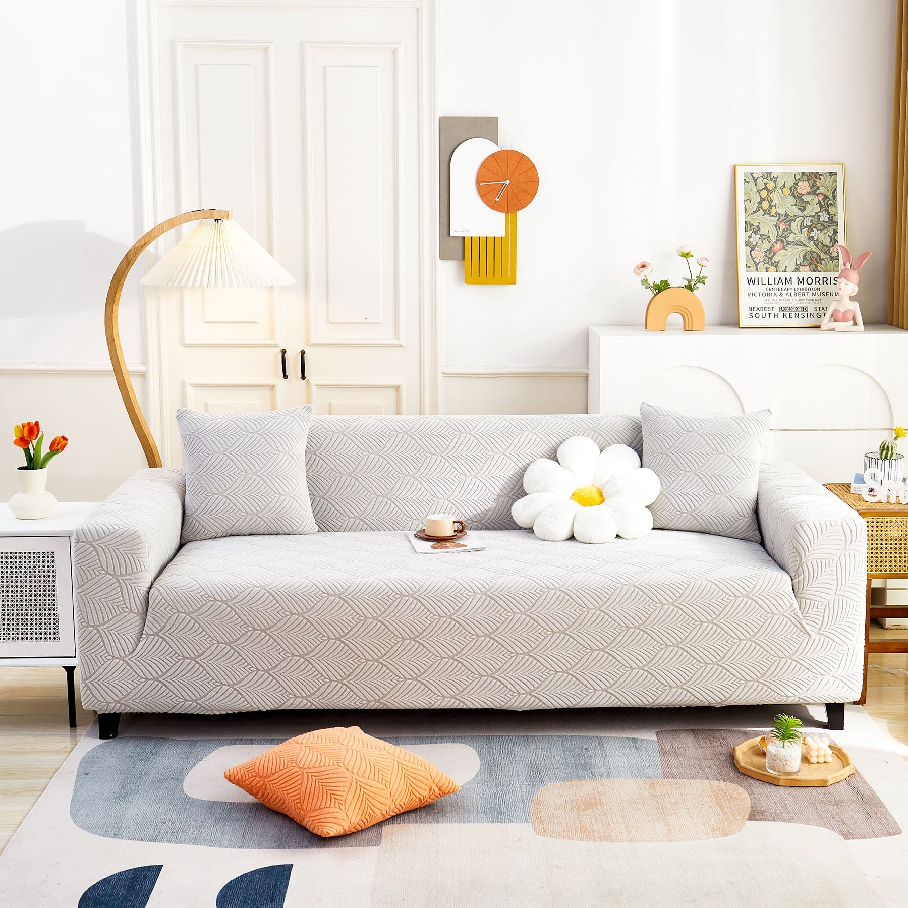3D Leaves Jacquard Couch Slipcovers Non-Slip Cozy Stretchy Couch Covers for Sectional