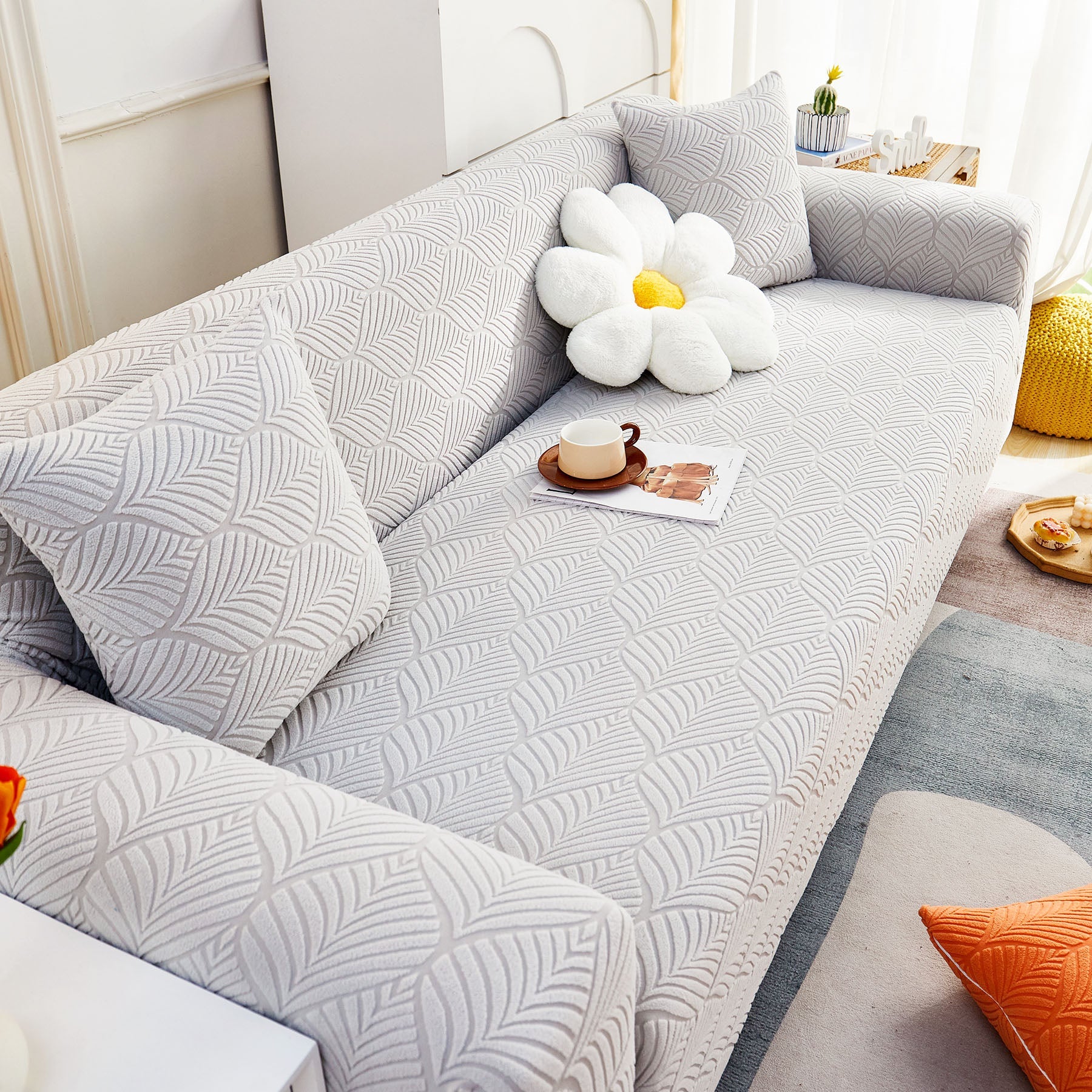 3D Leaves Jacquard Couch Slipcovers Non-Slip Cozy Stretchy Couch Covers for Sectional