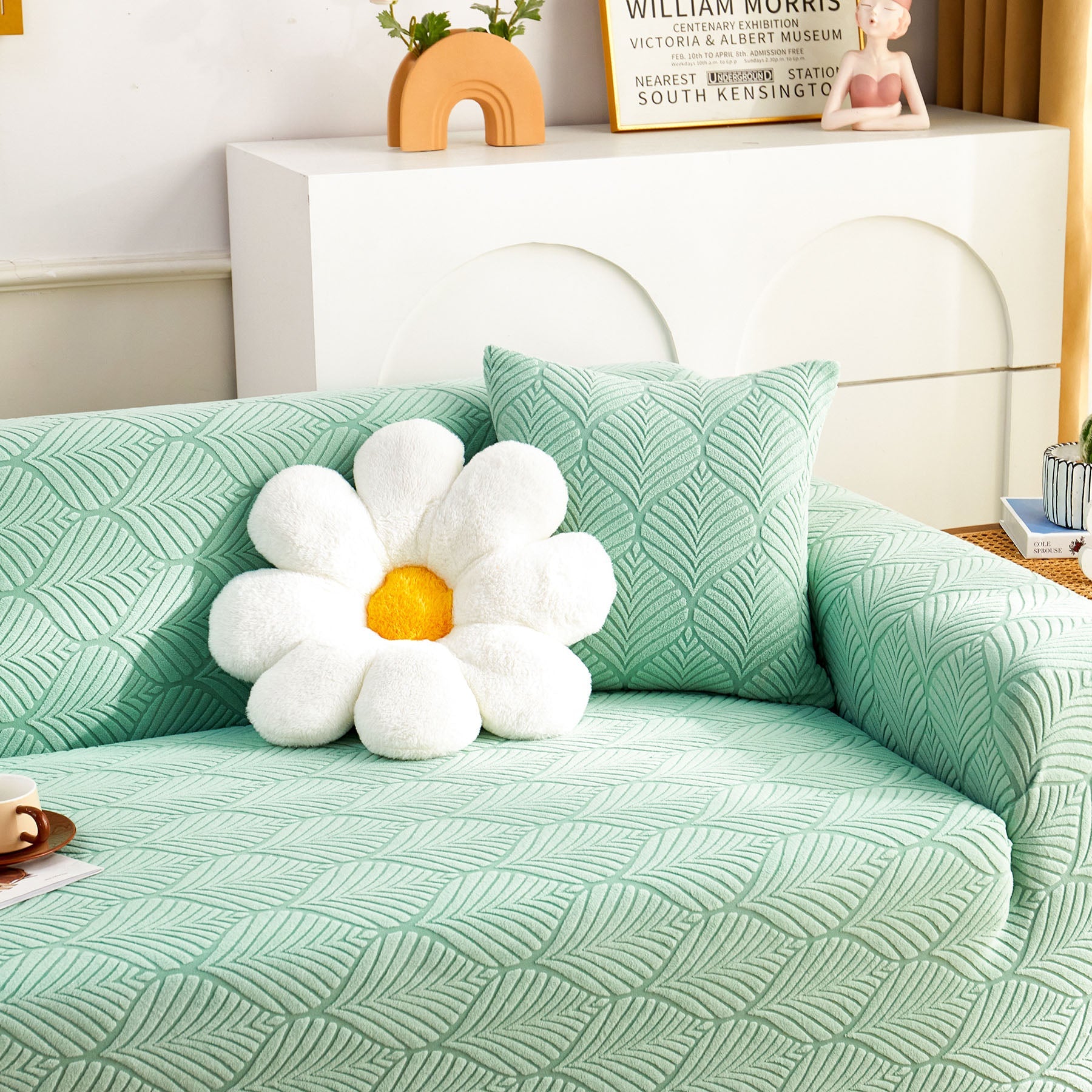 3D Leaves Jacquard Couch Slipcovers Non-Slip Cozy Stretchy Couch Covers for Sectional