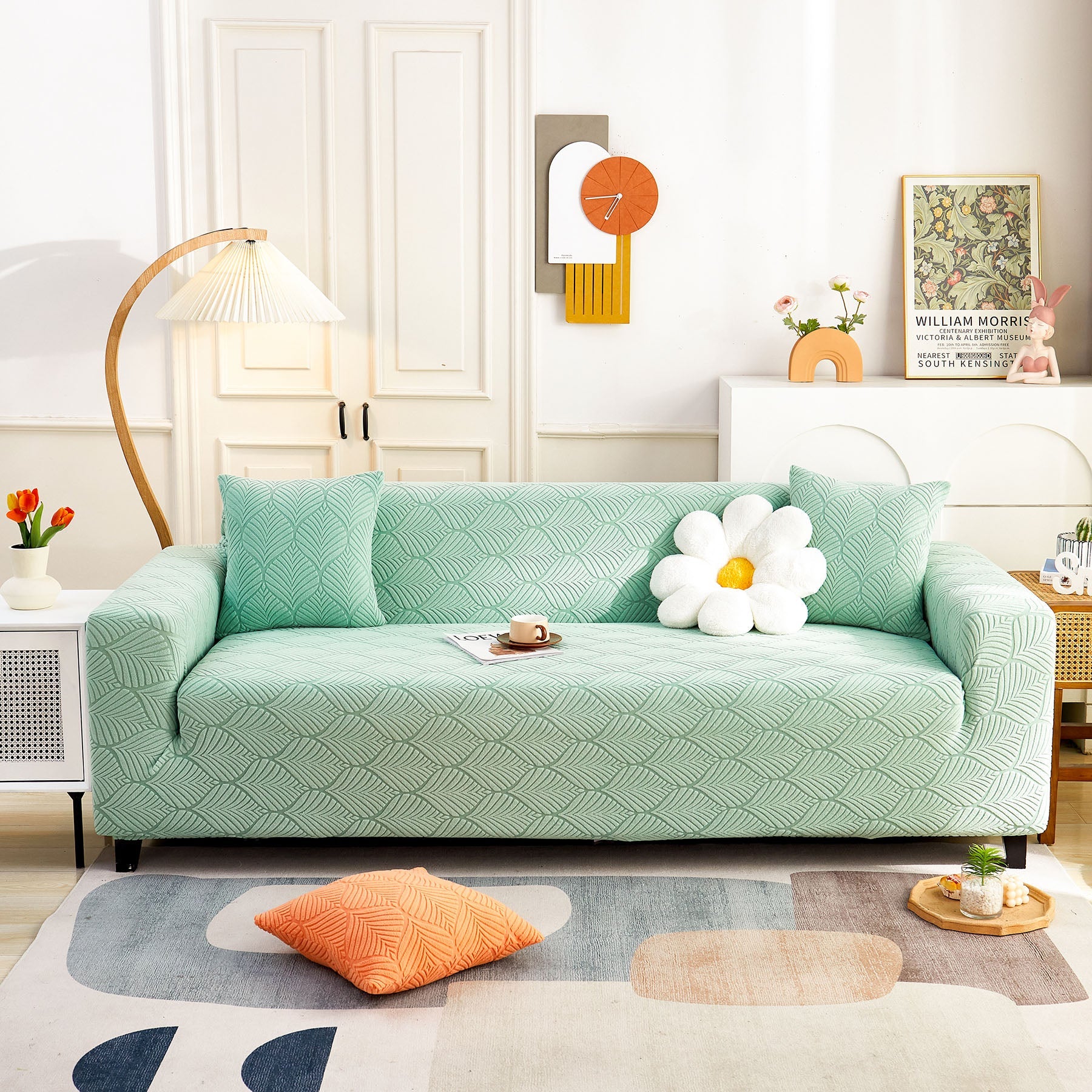 3D Leaves Jacquard Couch Slipcovers Non-Slip Cozy Stretchy Couch Covers for Sectional