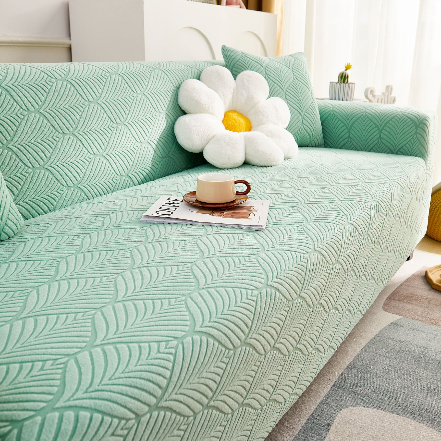 3D Leaves Jacquard Couch Slipcovers Non-Slip Cozy Stretchy Couch Covers for Sectional