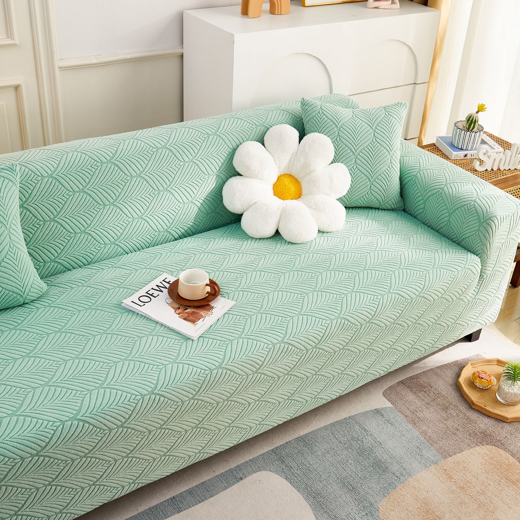 3D Leaves Jacquard Couch Slipcovers Non-Slip Cozy Stretchy Couch Covers for Sectional