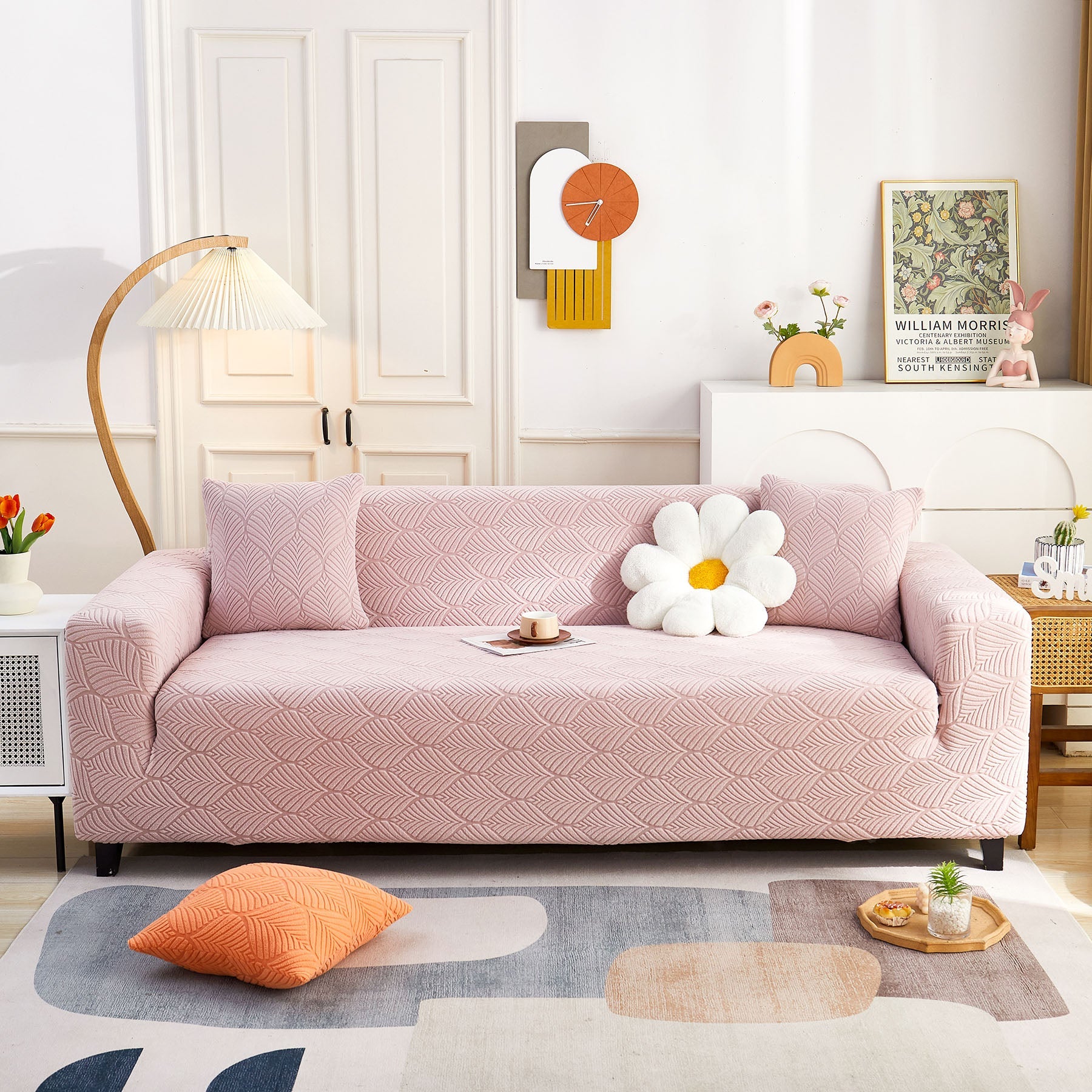 3D Leaves Jacquard Couch Slipcovers Non-Slip Cozy Stretchy Couch Covers for Sectional