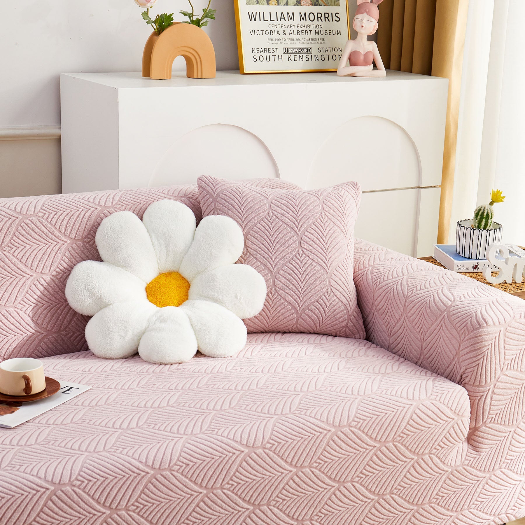3D Leaves Jacquard Couch Slipcovers Non-Slip Cozy Stretchy Couch Covers for Sectional